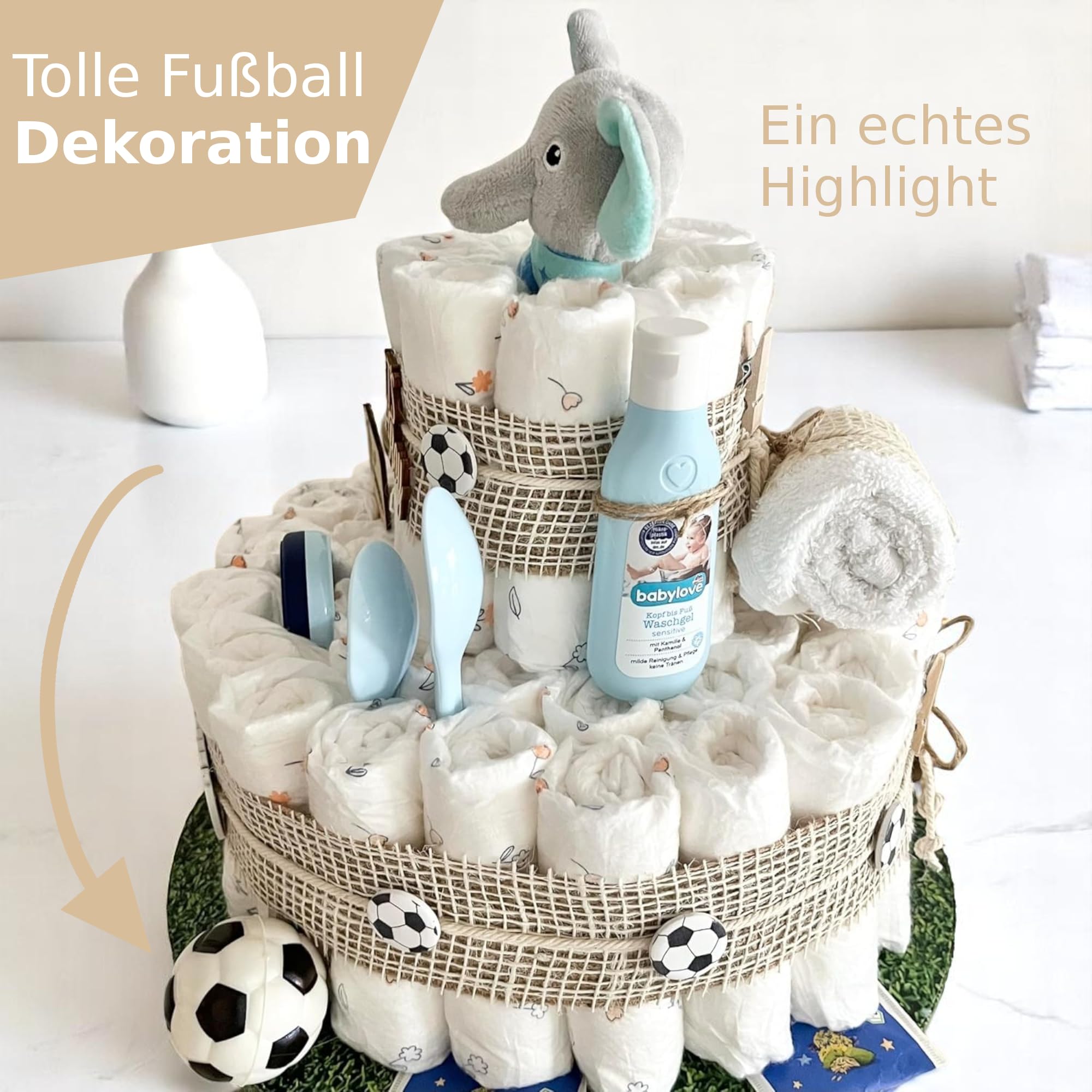 Windeltorte Fußball mit Elefant Socken Schnuller Löffel und mehr, für Jungen & Mädchen, Babytorte für Babyparty Babyshower Gender-Reveal, Namen personalisierbar, Baby Party Deko Dekoration