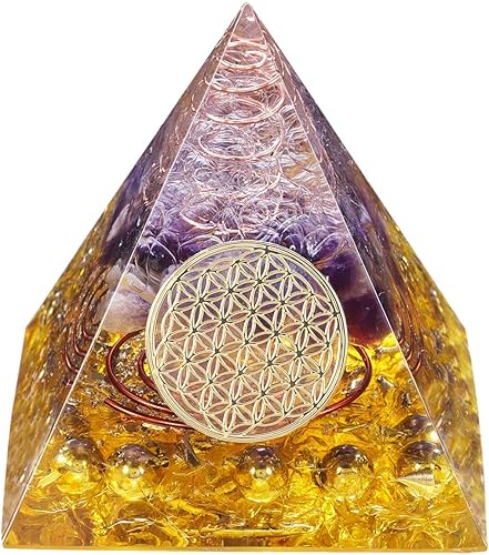 Rockcloud Pirámide de orgón de cristal curativo con símbolo de flor de vida, generador de energía para protección EMF, mediación para decoración de