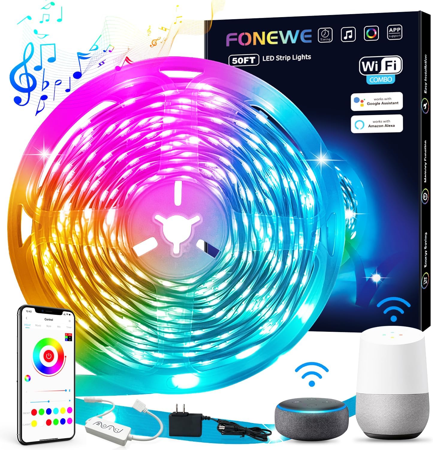 FONEWE 50ft LED Strip Lights Music Sync LED Light Strips for Bedroom Color Changing Lights with APP and Remote Control