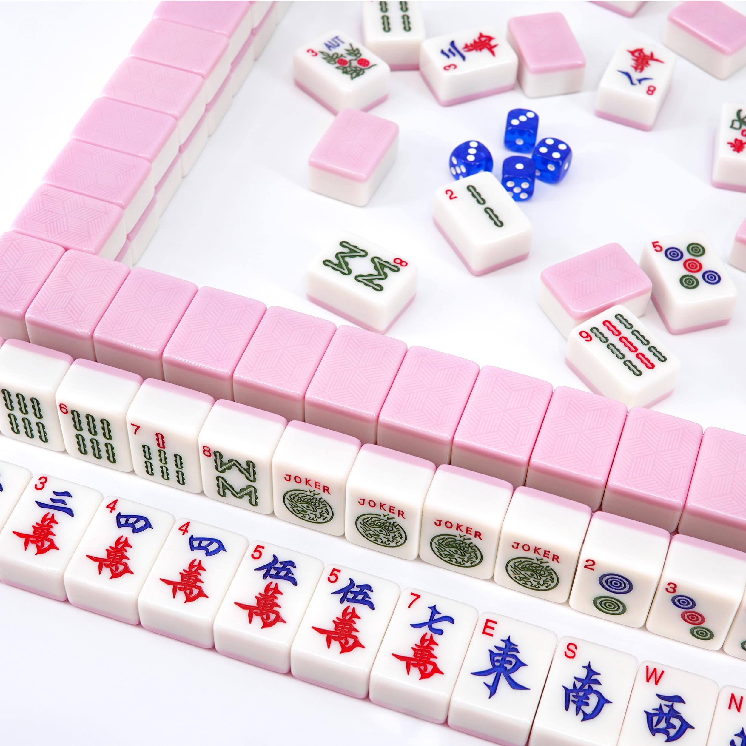 American Mahjong Game Set, 166 Premium Pink Melamin Fliesen (3.6cm), 4 Würfel, 80 Pokerchips, Aufbewahrungstasche, Medium Mah Jongg Spielsteine Set