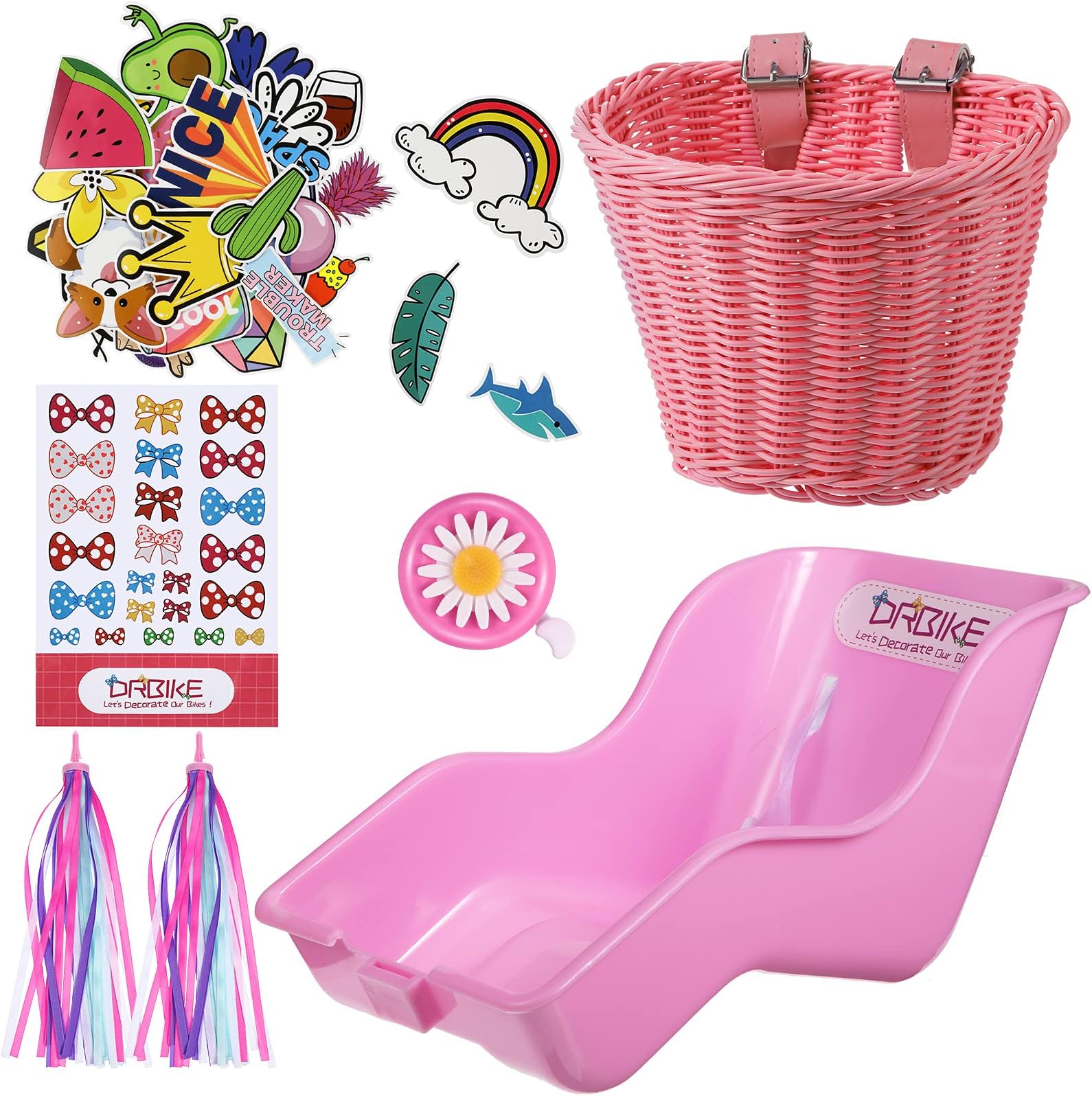 HestyaDoll Bike Seat with 30 Pieces Stickers Decals, Bike Basket for Kids, Bike Handlebar Streamers Colorful Ribbons Tassel for Girls Boys, Flower Bike Bell for Kids Bike Accessories