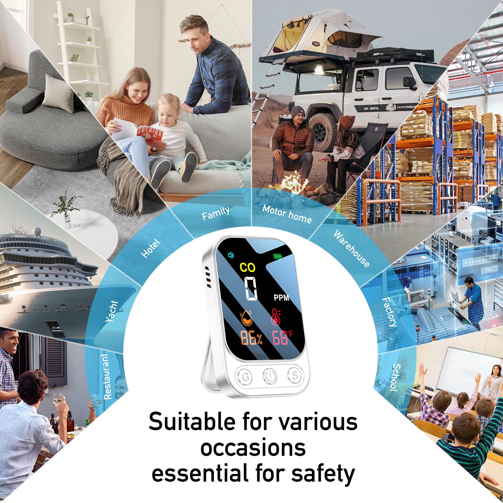 Détecteur de monoxyde de Carbone Rechargeable YOJOCK, avertisseur CO Portable 3-en-1 (monoxyde de Carbone, température, humidité), pour Maison, Camping et Caravane（Blanc）