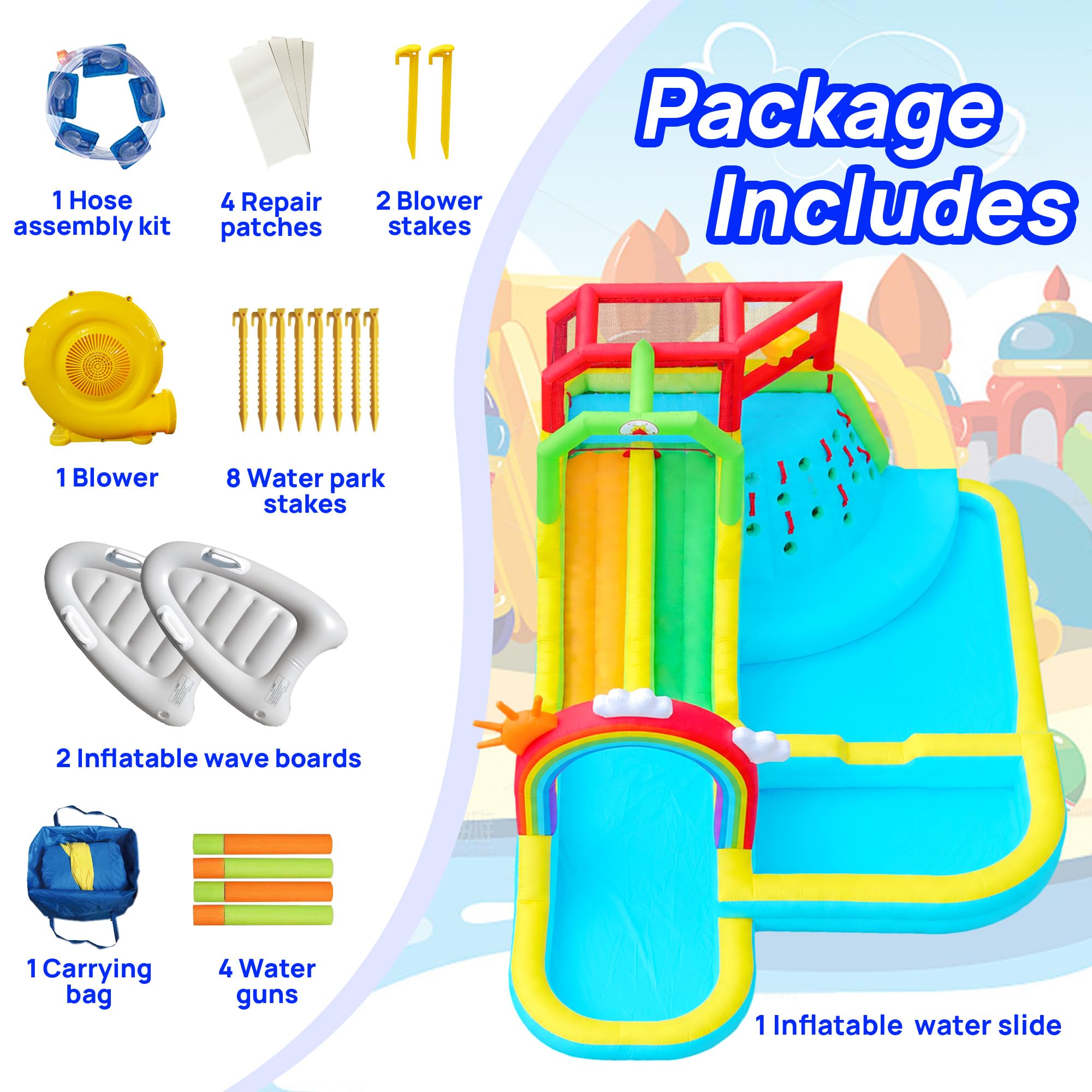 WELLFUNTIME - Parque inflable de doble toboganes con soplador, castillo hinchable con cortina de agua arcoíris, con tiro y escalada en roca