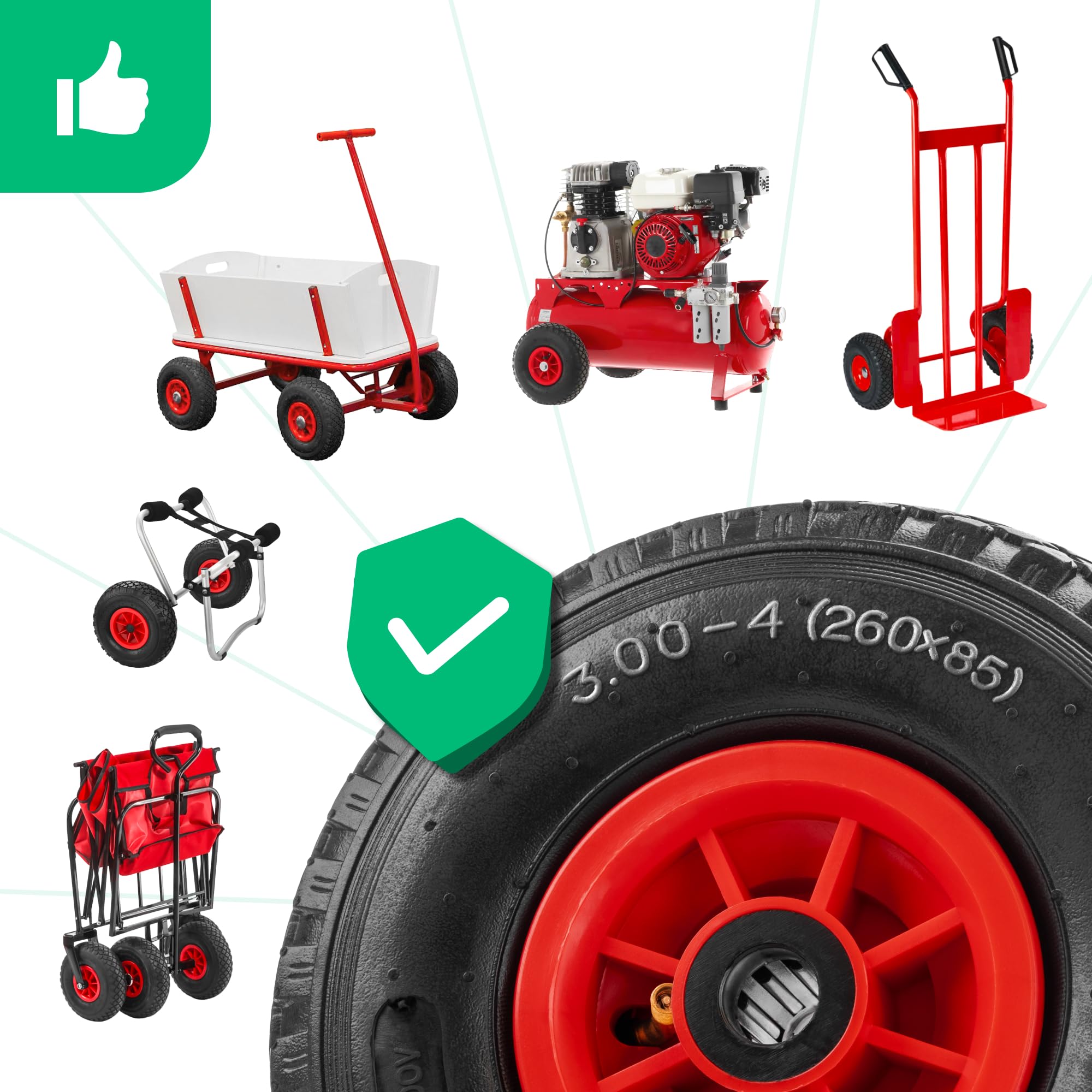 MOOVMOOV Ruote Gonfiabili 3.00-4 (260x85 mm) - per Carrelli, Carriola, Carro, ecc. Ruota Completa: Pneumatico + Camera d'Aria con Valvola Angolata + Cerchione in PVC Rosso con Cuscinetti a Rulli