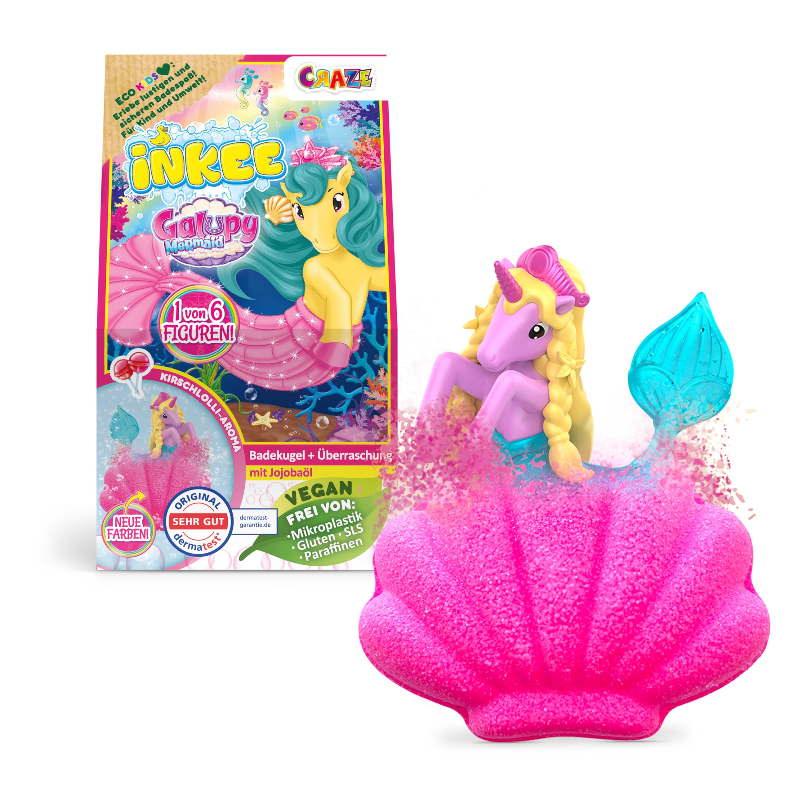 INKEE Surprise Bath Bomb Galupy Mermaid – 100 g Children’s Fizzy Bath Bombs with Unicorn Collectible Figure, Cherry Lollipop Scent, Pink or Blue Bubble Water