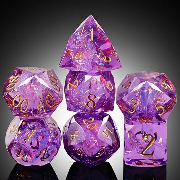 DND Dice Set Purple Multi-Faceted Resin Sharp Edge Dice with Candy Foil Glitter RPG Purple Crystal