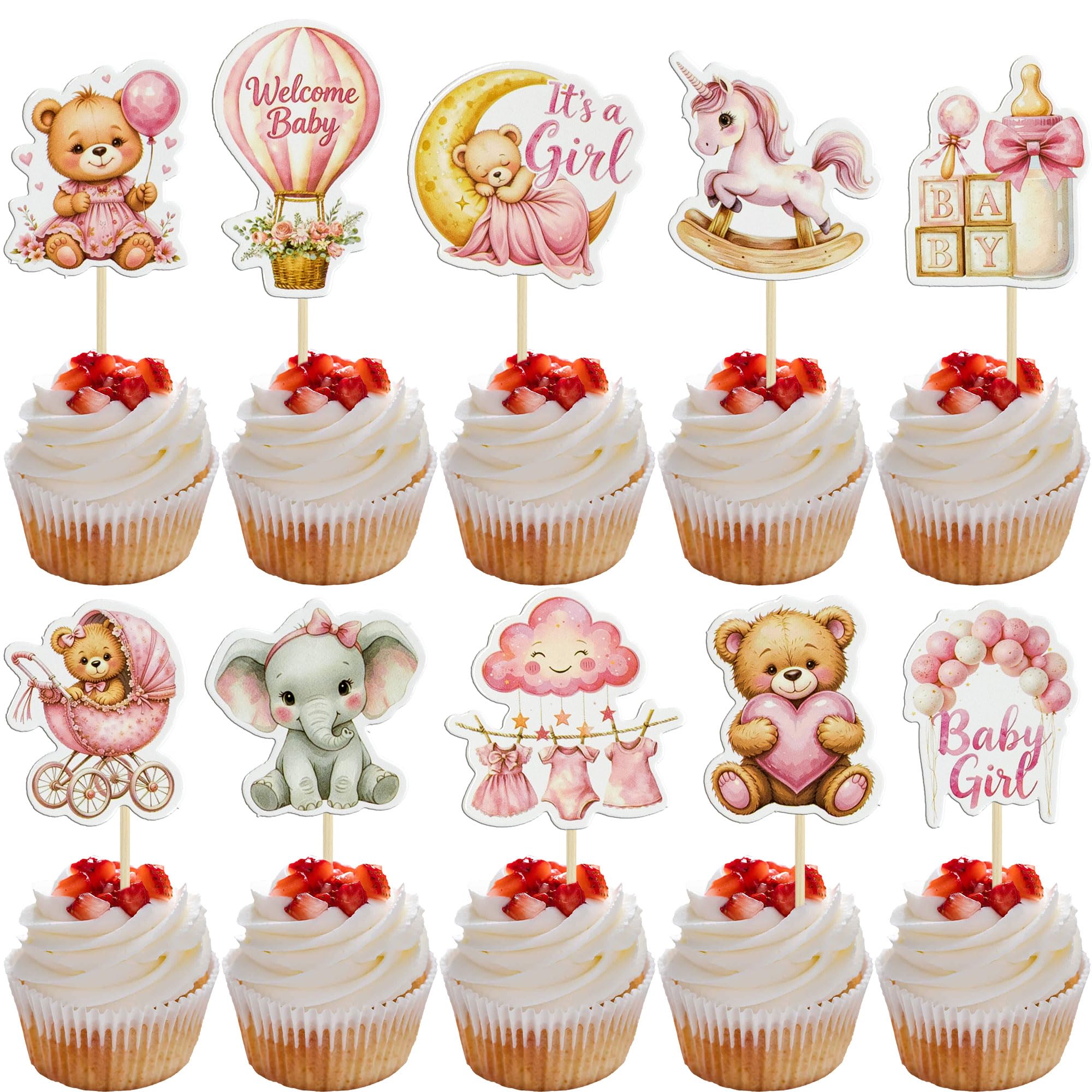 Ephlyn 40Pcs Baby Girl Cupcake Toppers Baby Shower Decorations for Balloon Elephant Lion Bear It's a Girl Cupcake Picks for Baby Shower Kids Birthday Party Cake Decorations Supplies Pink White