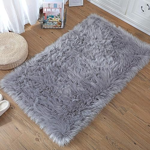 Miniatura 2 de Alfombra rectangular suave de piel de oveja sintética, funda de silla, cojín de asiento de piel mullida, alfombra decorativa para dormitorio, sala