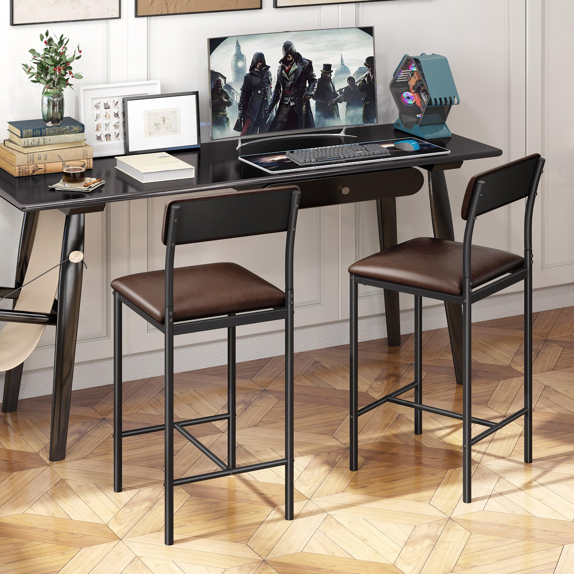 YITAHOME Juego de 2 taburetes de Bar, Asiento Alto con Asiento y Respaldo Acolchados, taburetes industriales para Cocina/Comedor, sillas de Bar con reposapiés ergonómico, Color marrón rústico | Asiento alto, taburetes industriales para cocina/comedor, sil