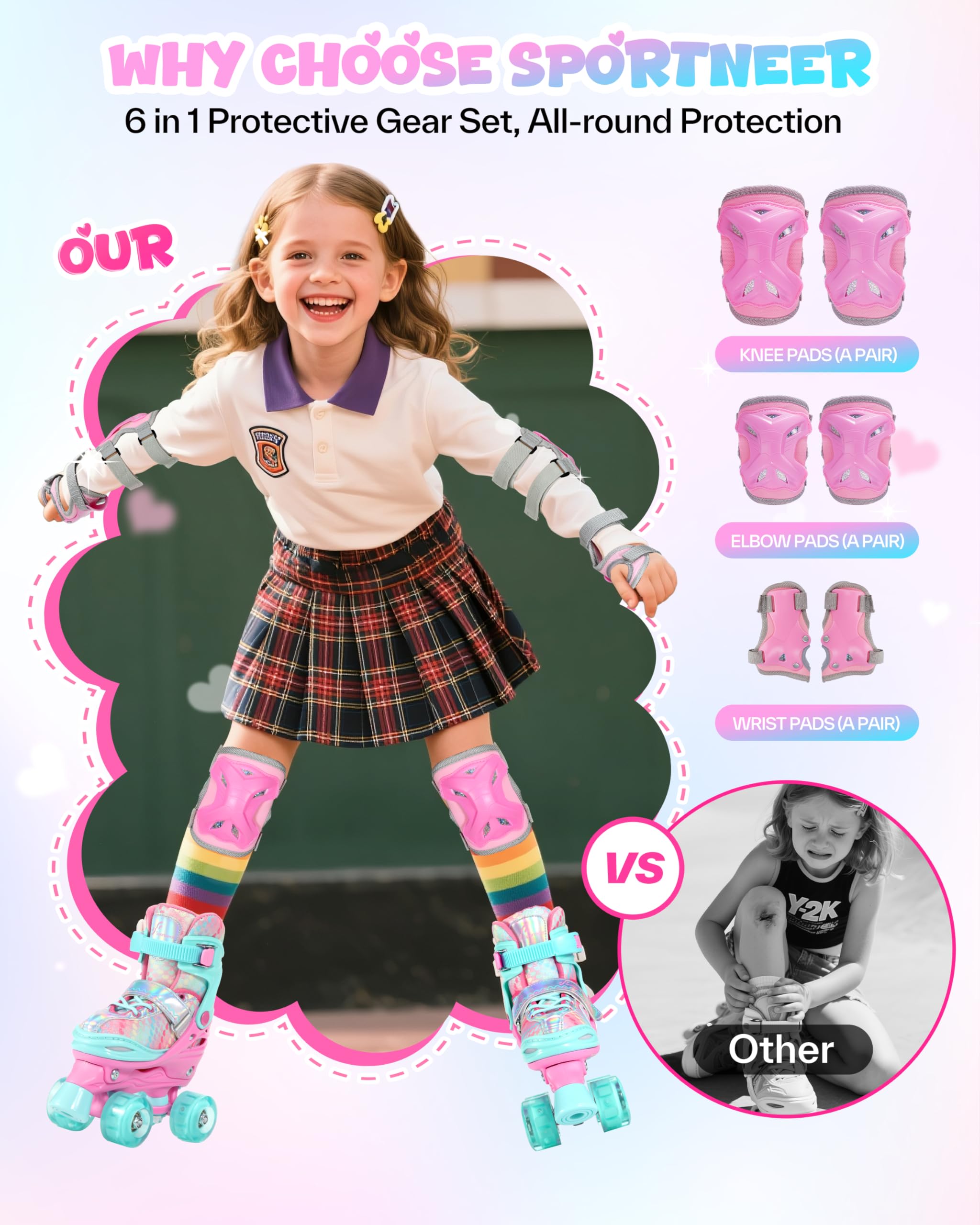 Sportneer Kids Roller Skates: 4 Size Adjustable Quad Skates with Light Up Wheels for 5-8, 8-12 Girls Boys Kids Toddlers Beginners, Birthday Gift with Protective Gear Set for Outdoor Indoor