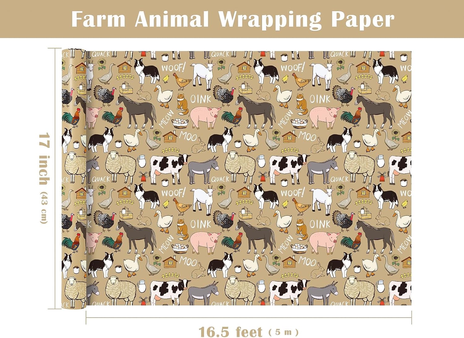 WRAPAHOLIC Farm Animals Wrapping Paper Roll - Mini Roll - 17 Inch x 16.5 Feet - Farm Animal Design for Farm Party, Barnyard Birthday, Baby Shower image 3