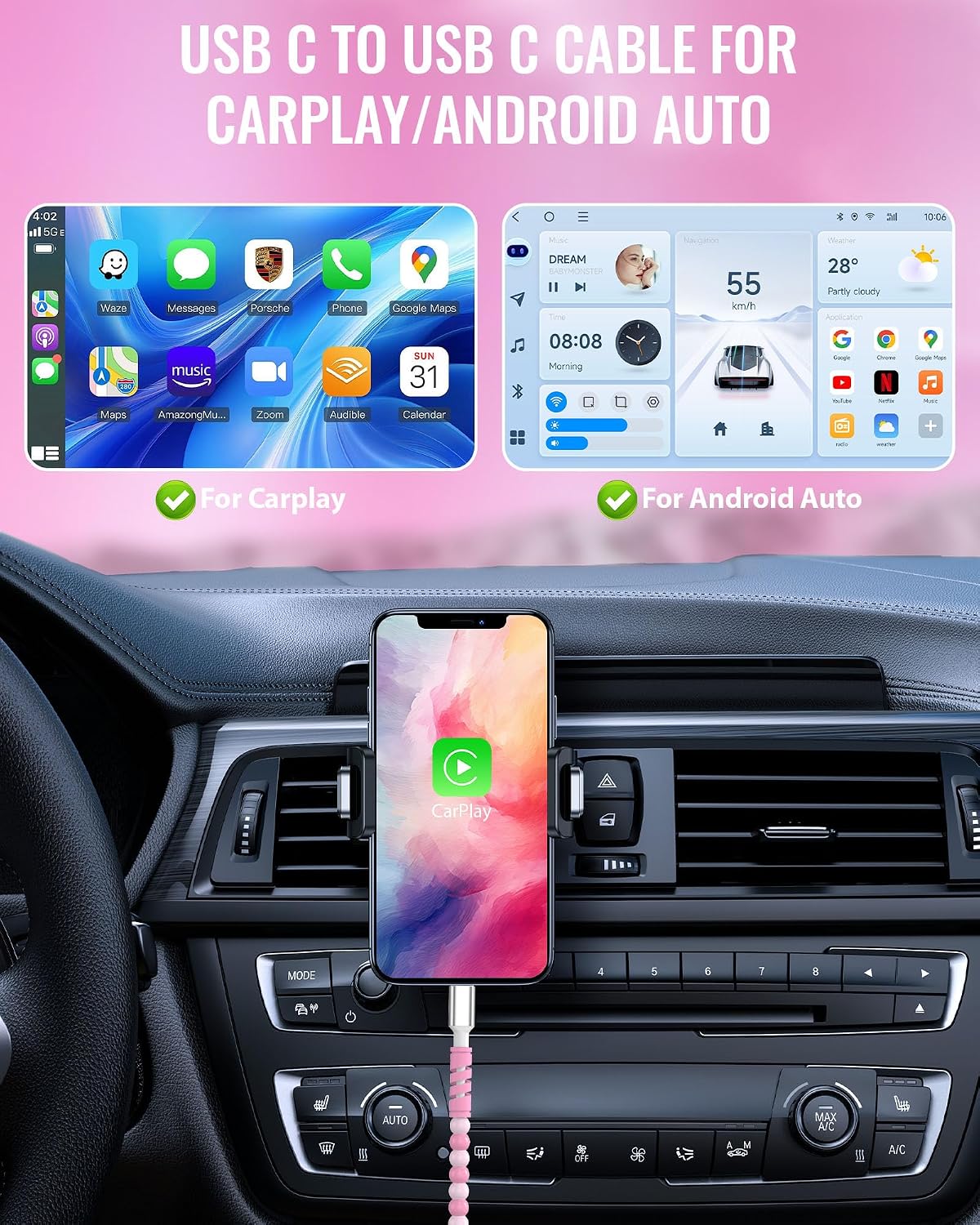 iMangoo 6 ft USB C Cable Beaded Charging Cord Pink image 2