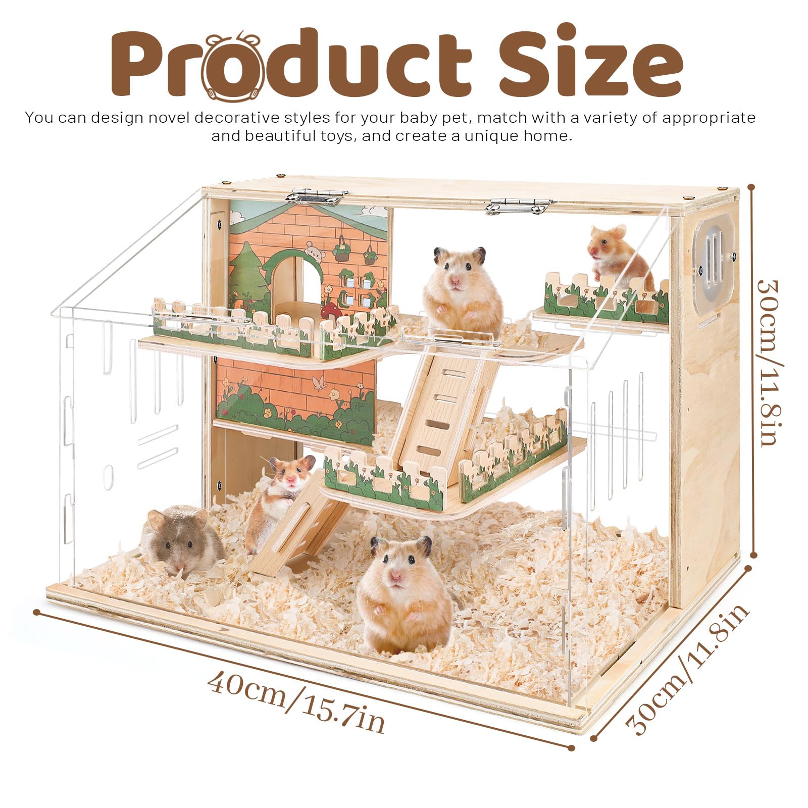 Grande gabbia per criceti in acrilico, habitat in legno per cricetis nani, spaziosa gabbia per gerbilli nani, habitat premium per criceti nani con ventilatore (40 x 30 x 30 cm)