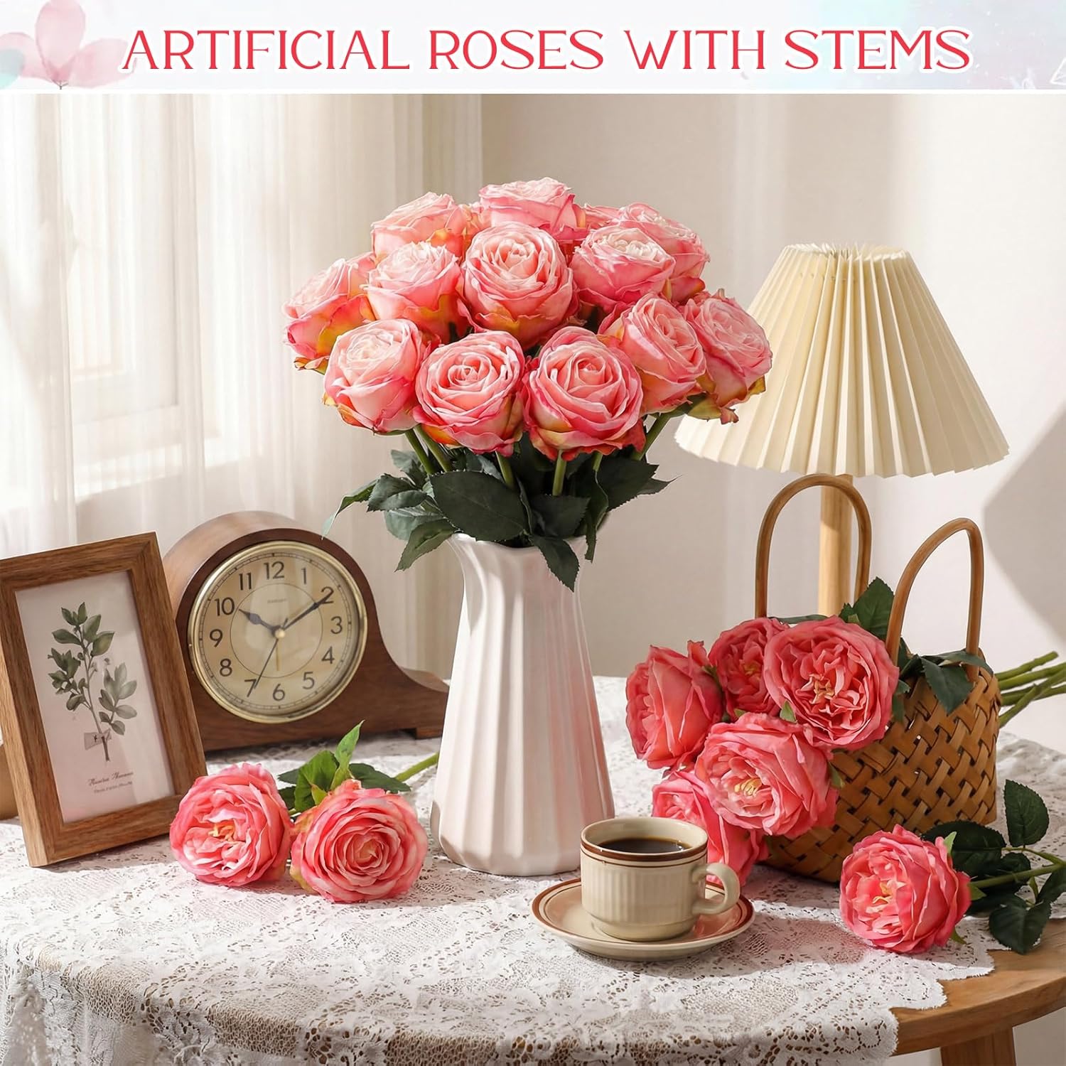 Suncalla 20 Pcs Artificial Roses Flowers Bulk, Vintage Burnt Edge Silk Fake Roses with Long Stems Realistic Flowers for DIY Wedding Valentines Bouquet Centerpiece Home Party Decor(Pink)