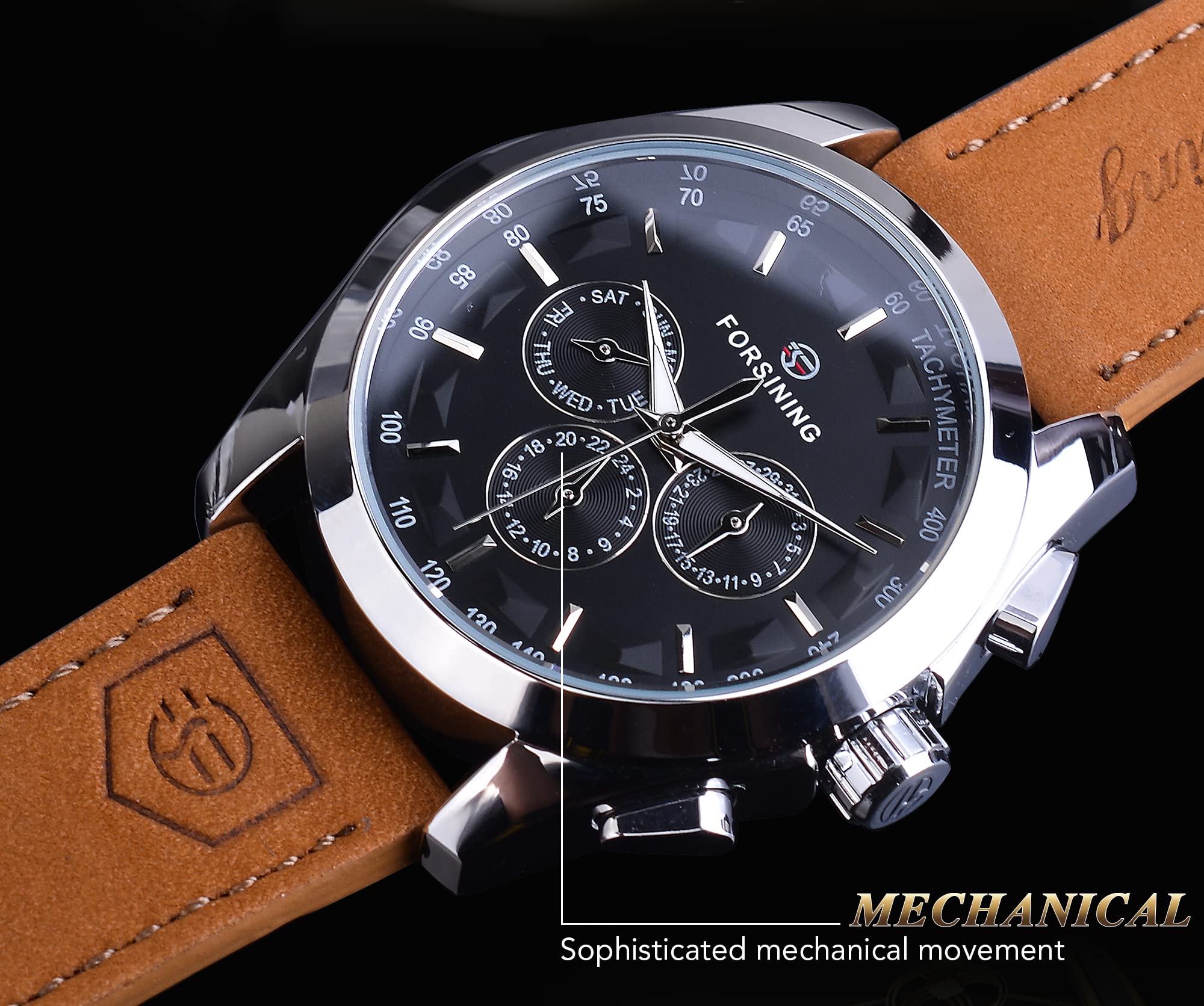 FORSINING Orologio da polso meccanico da uomo automatico a carica automatica orologio militare cinturino in vera pelle impermeabile luminoso casual business