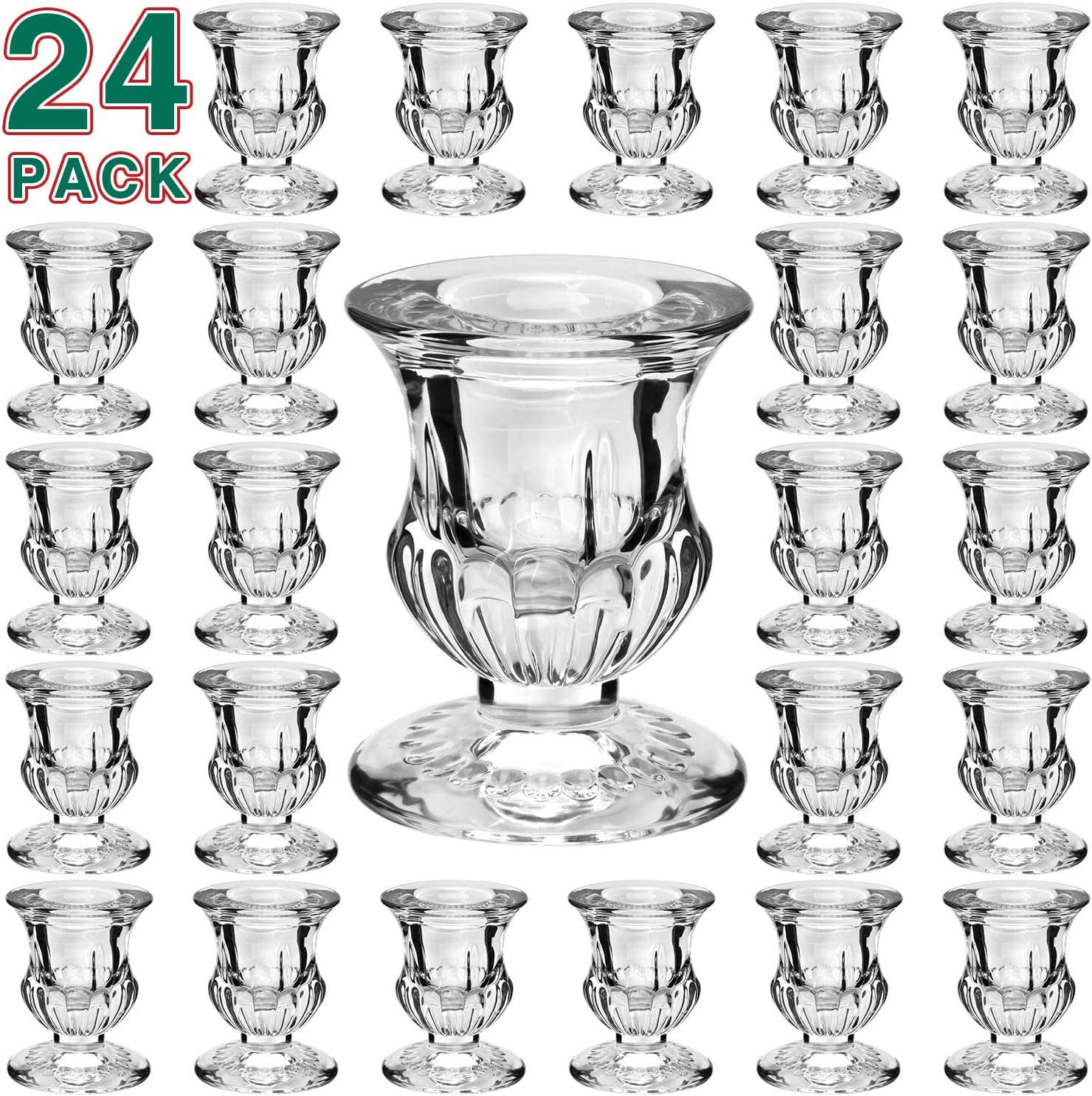 Glass Taper Small Candle Holders Set, 24 Pack Clear Short Candlestick Holders Bulk for Valentine, Porta Velas Deorativas para Mesa, Mini Candle Stands