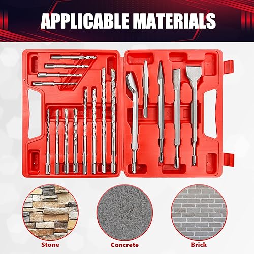 Miniatura 4 de Juego de brocas de mampostería de martillo giratorio y cinceles, 17 piezas, juego de brocas SDS Plus, apto para taladrar y cortar en hormigón,