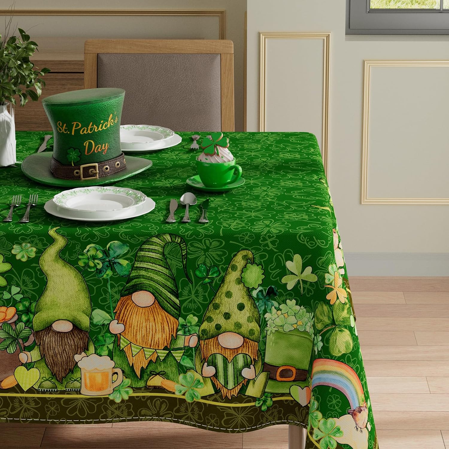 XCHI Gnomes Green Hats Shamrocks Clovers Coins Rainbow St. Patrick's Day Tablecloth Rectangle Table Cloth Washable Table Covers for Indoor Dining Home Party Decorations 60x120 Inch