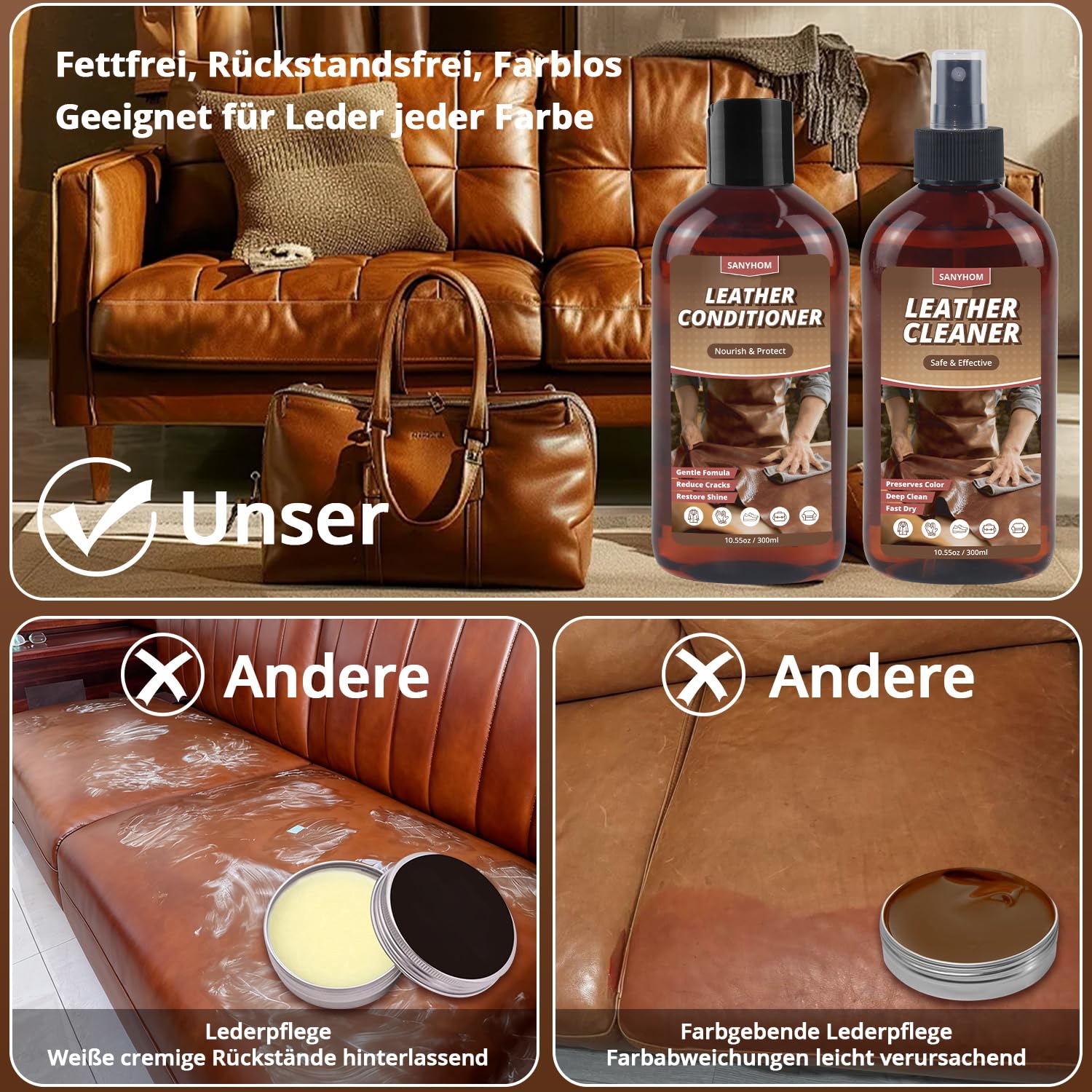 Lederpflegeset Lederreiniger & Pflegemittel Set – Leder sicher reinigen & schützen mit dem Reinigungstuch-Handschuh für Auto, Möbel, Schuhe, Taschen und Bekleidung, 2 Flaschen à 300 ml
