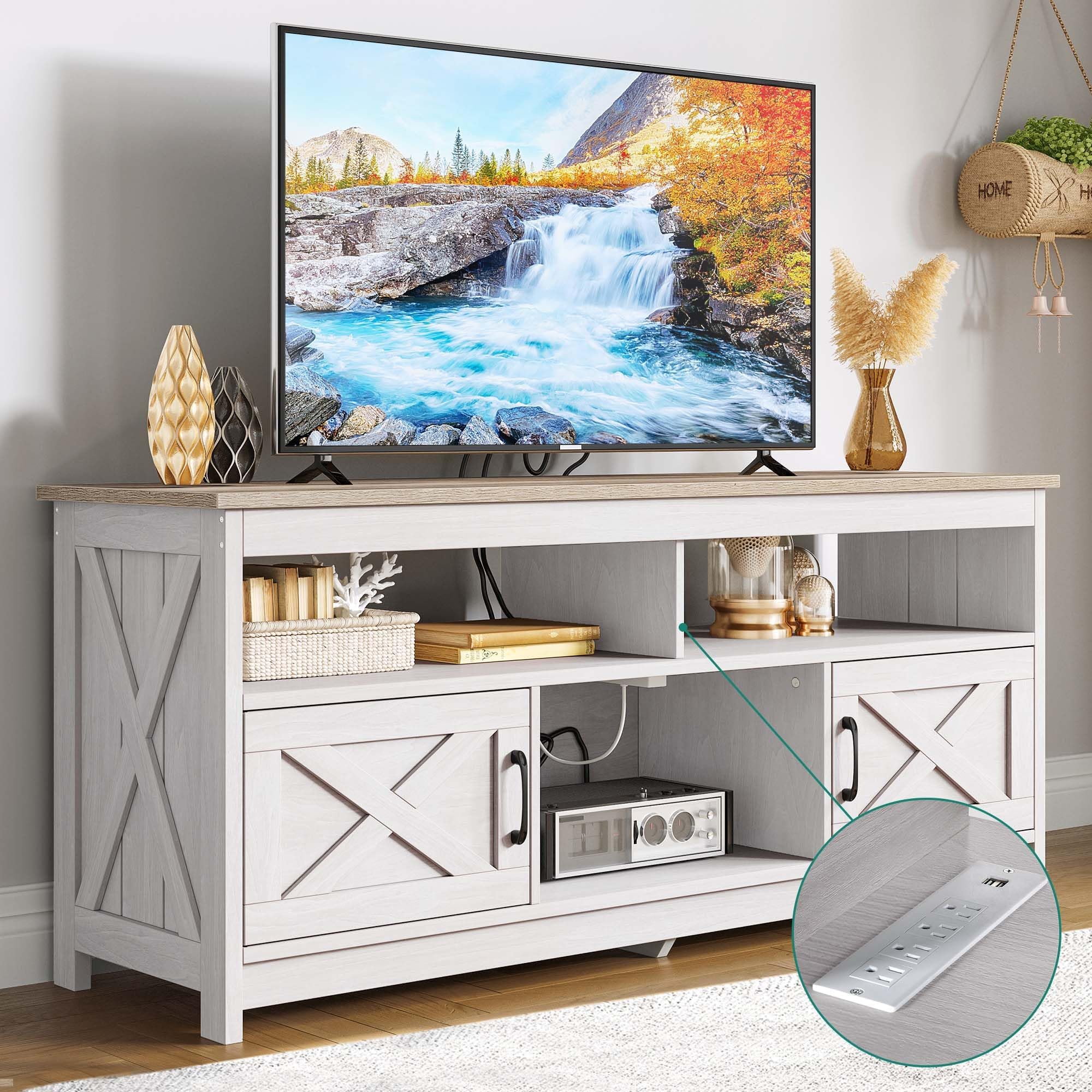 YITAHOME White TV Stand for 65 Inch Television Stand, Farmhouse Entertainment Center with Power Outlets and Open Shelf, Rustic Media Console TV Cabinet for Living Room, Grey White/Grey Wash