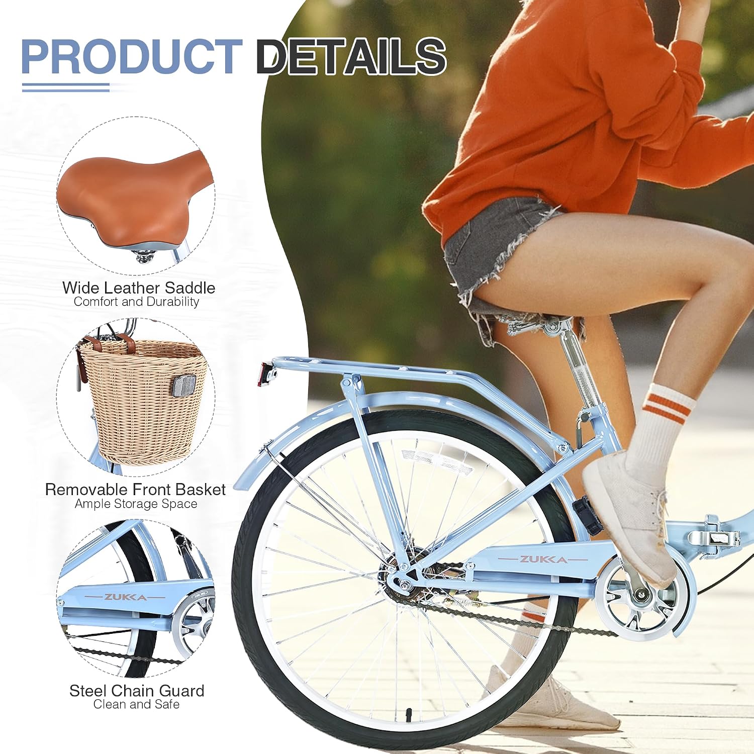 24/26 Inch Folding Girls/Womens Cruiser Bike，1-Speed Foldable Hybrid City Bicycle with Dual Brakes,Basket & Rear Rack，Adjustable Seat Post&Handlebar，3 Colors