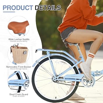 24/26 Inch Folding Girls/Womens Cruiser Bike,1-Speed Foldable Hybrid City Bicycle with Dual Brakes,Basket & Rear Rack,Adjustable Seat Post&Handlebar,3 Colors