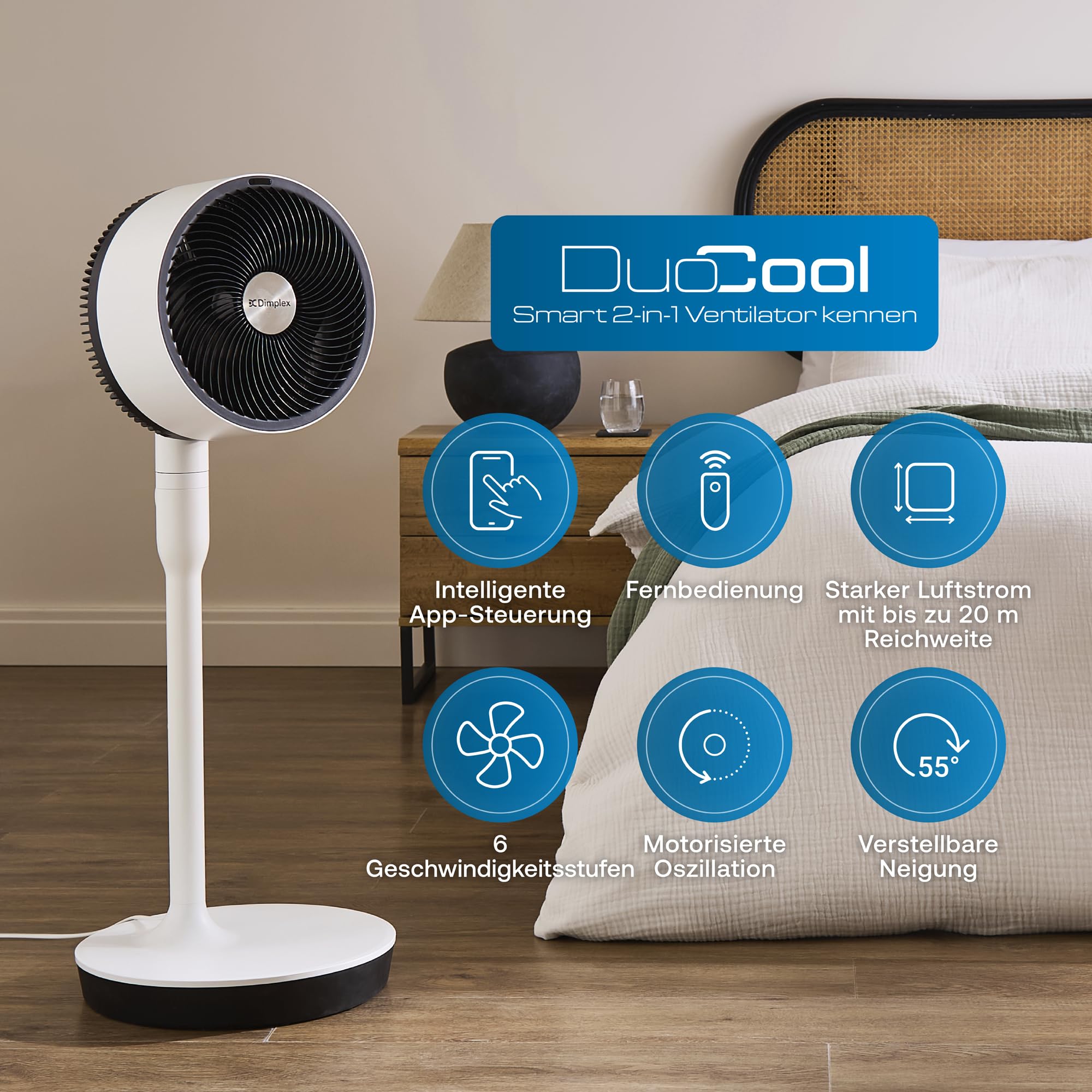 DIMPLEX DUOCOOL Smart 2-in-1 Ventilator Stand- & Tischventilator 5 Geschwindigkeitsstufen Turbo 20m Reichweite 36dB App Google Home Alexa Fernbedienung