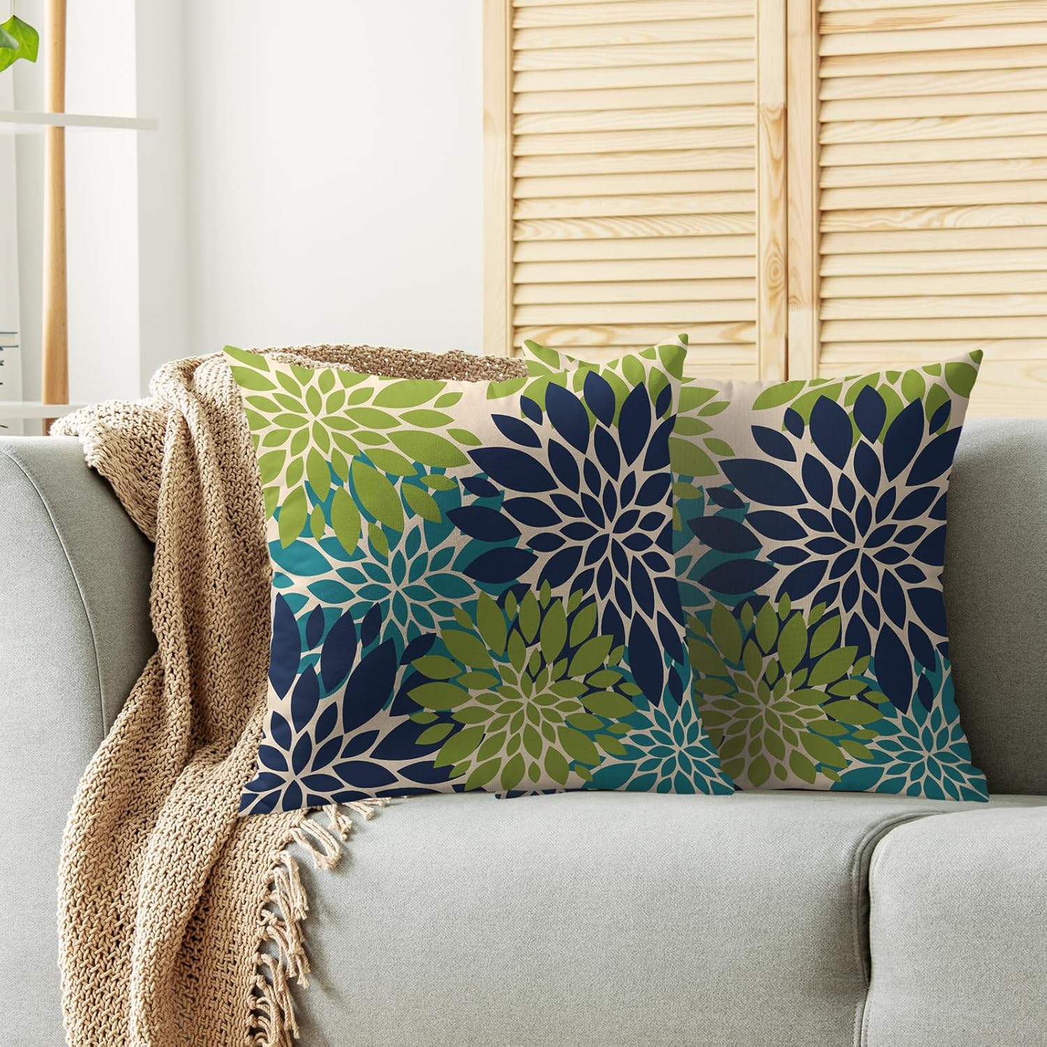 Navy Blue Green Teal Pillow Covers 24X24 Inch Set of 2, Modern Dahlia Floral Print Decorative Throw Pillow Covers Outdoor Farmhouse Cushion Case for Home Couch Sofa Bed Decoration