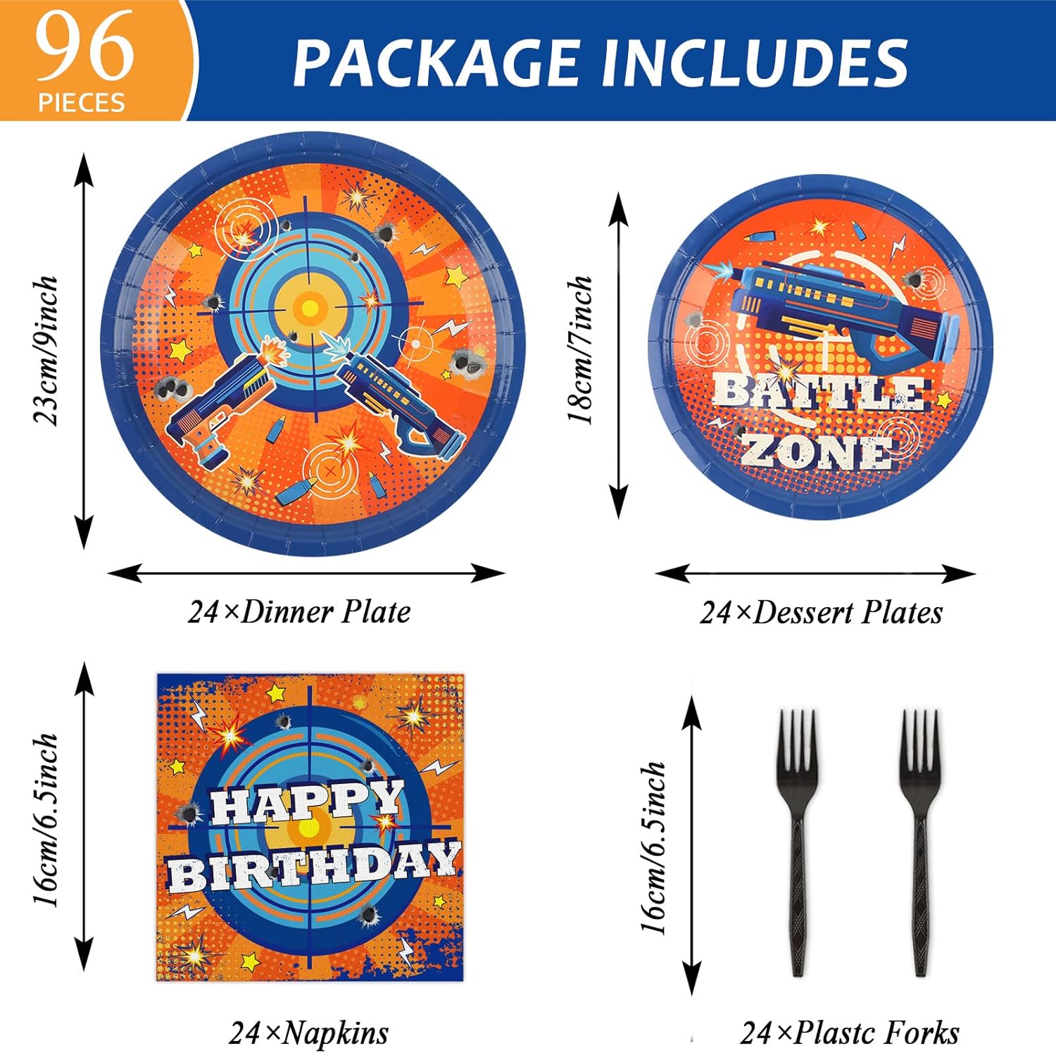 gisgfim 98pcs Dart War Birthday Party Supplies Disposable Plates Napkins Tablecloths Decorations Dart War Theme Party Table Supplies Pack for Birthday Baby Shower Party Favors, Serves 24
