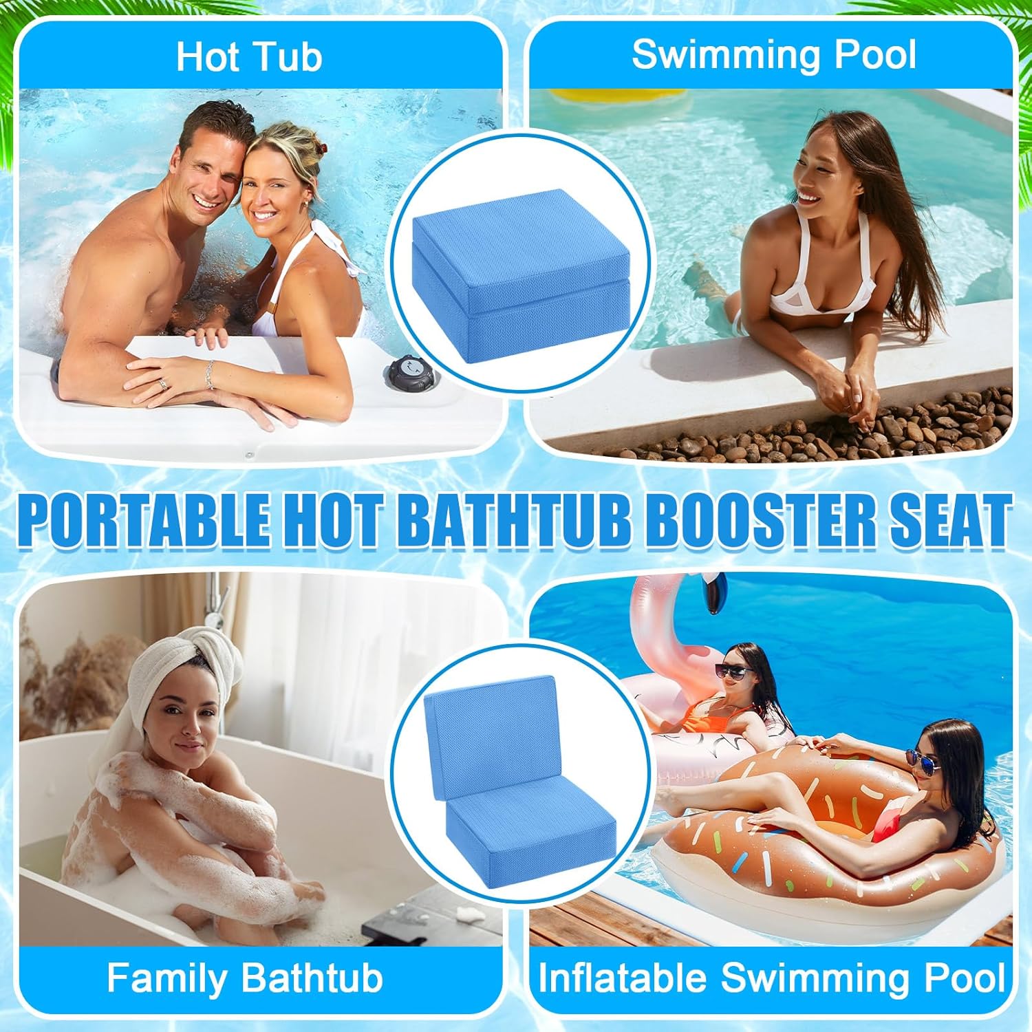 4 Pcs Foldable Hot Tub Booster Seat with Back Thick Hot Tub Pillow Adjustable 2 Heights Bath Seat Weighted Bathtub Booster Cushion Washable Spa Cushion for Indoor or Outdoor(Blue)