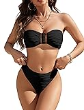 Blooming Jelly Womens Bandeau Bikini Sets Sexy Strapless Two Piece Swimsuit Cheeky High Cut Cute Textured Ladies Bathing Suit Small Black