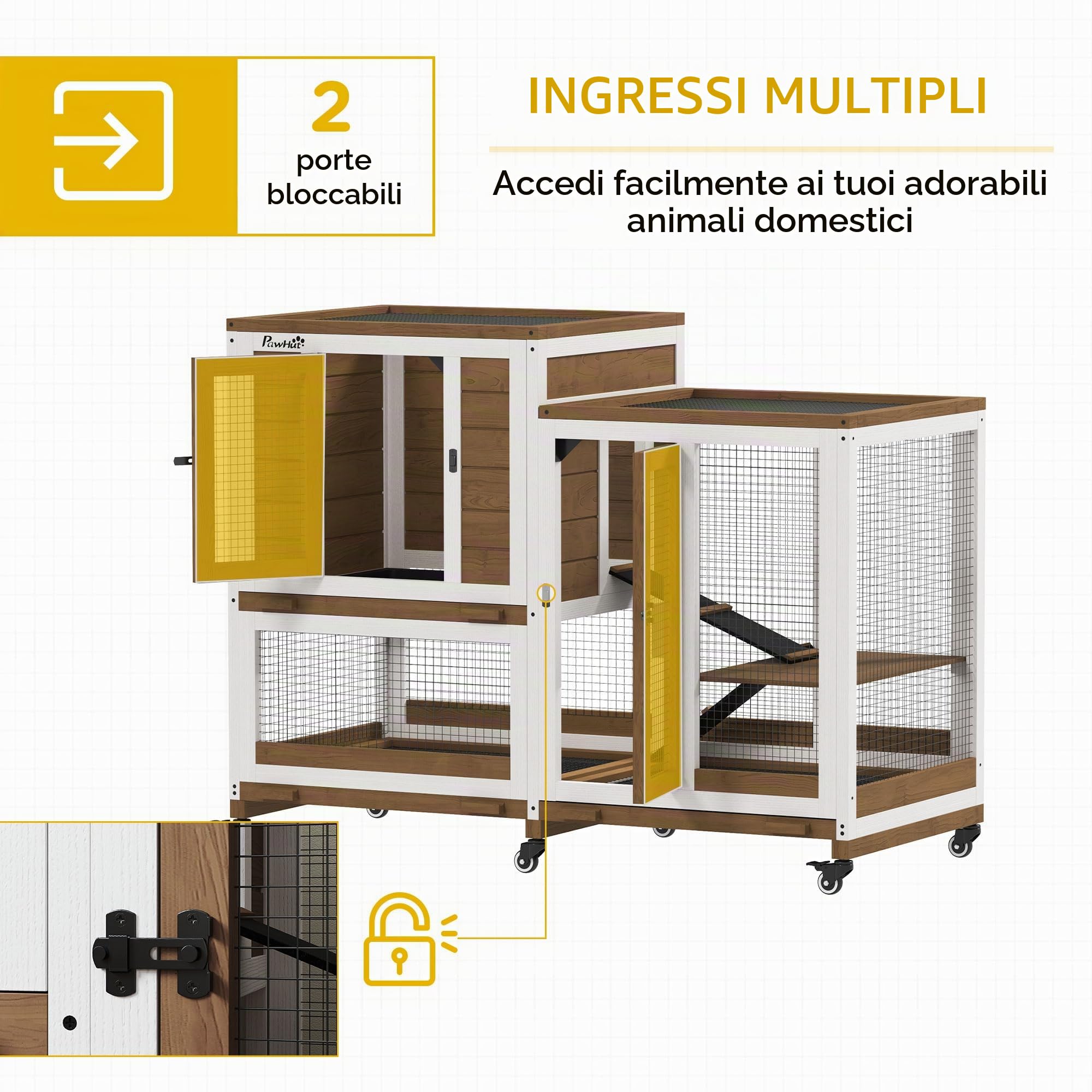 PawHut Gabbia per conigli interna su ruote legno 110x50x86 cm marrone