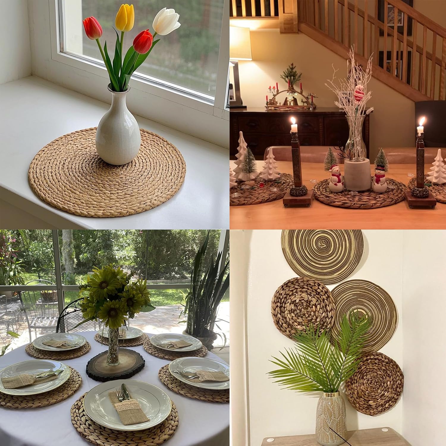 JEUIHAU Set of 8 Water Hyacinth Braided Placemat, 13 Inch Round Placemats Rattan Placemats, Natural Wicker Seagrass Rattan Placemats for Dining Table, Decoration