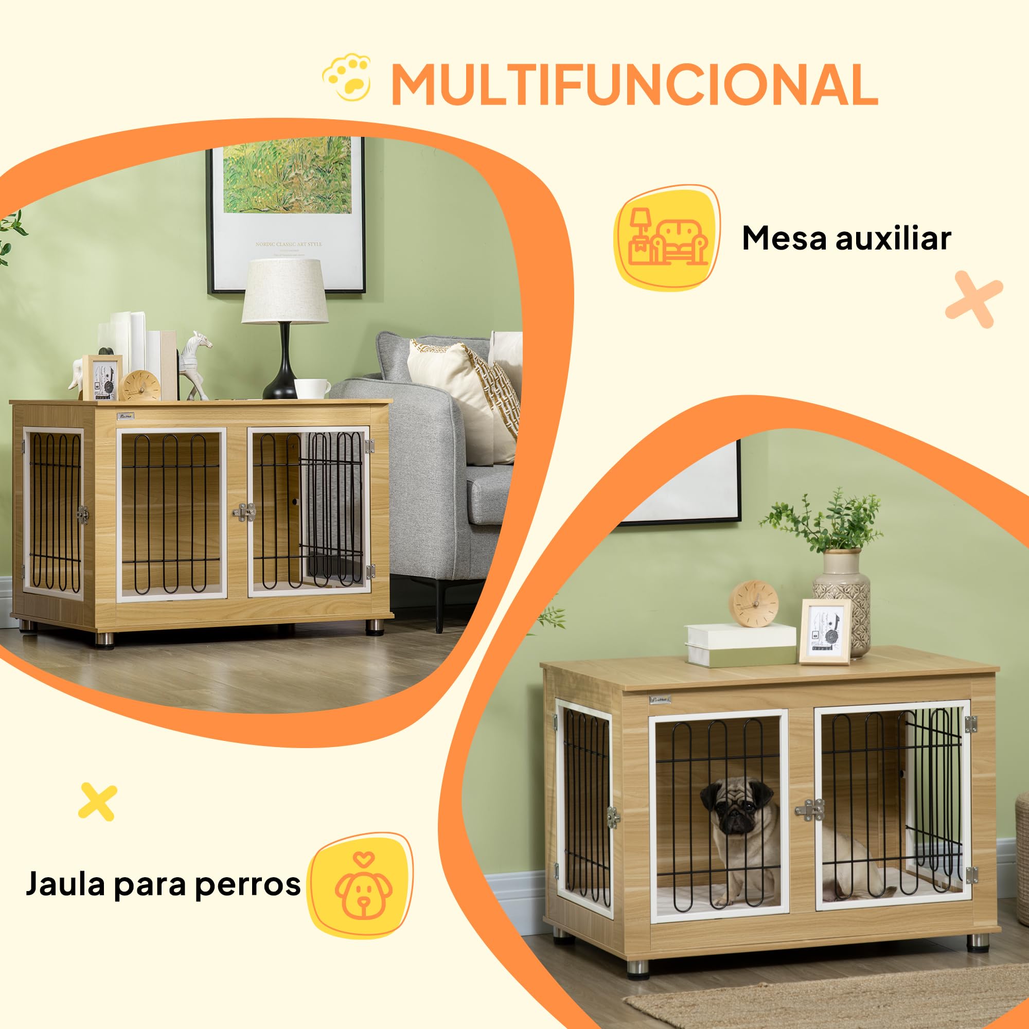 PawHut Jaula para Perros Mesa Auxiliar con Cojín Lavable Casa para Mascotas con Estructura de Acero para Perros Medianos y Grandes 90x58x65 cm Roble