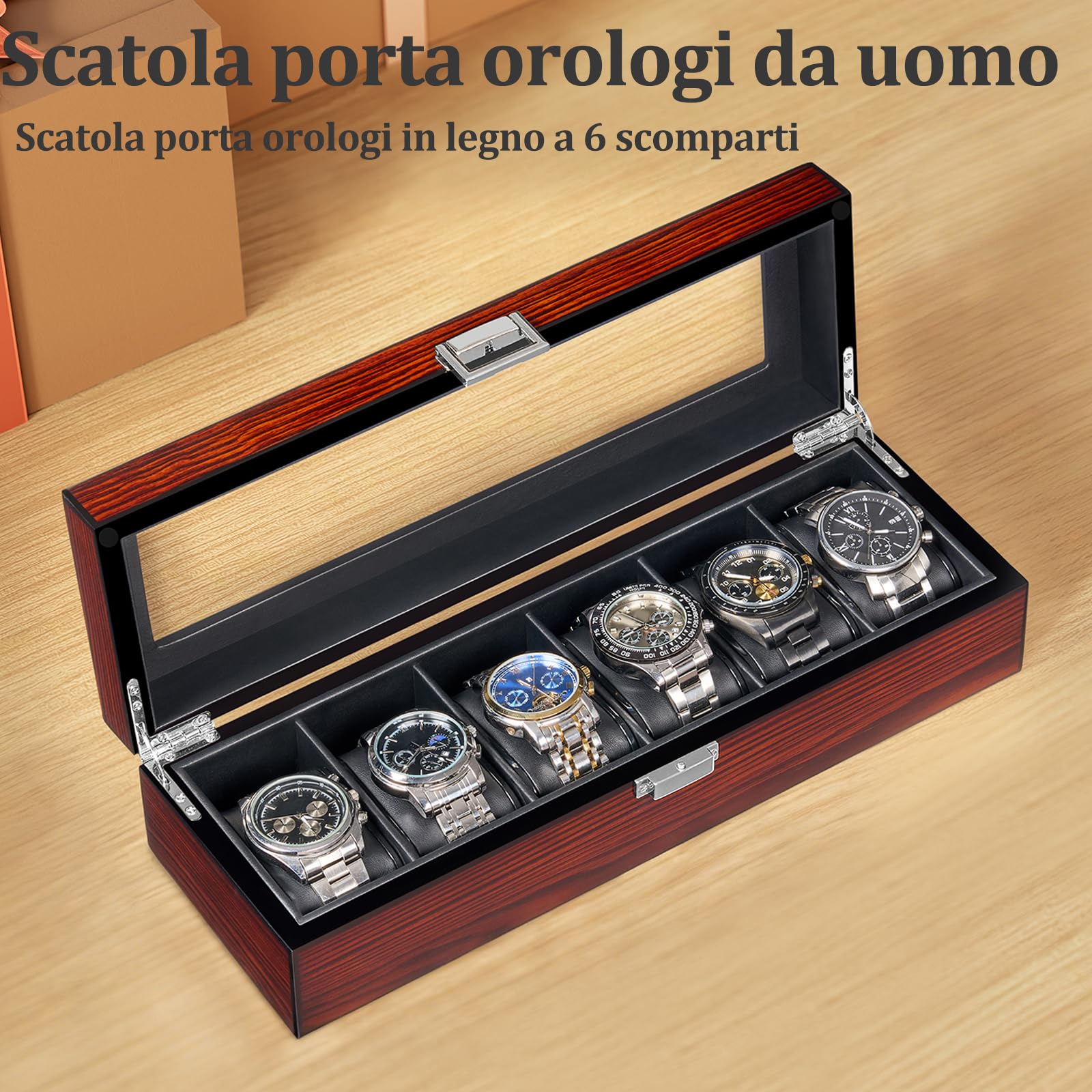 BEWISHOME Scatola per orologi da uomo, custodia per orologi di lusso, parte superiore in vero vetro, interno in ecopelle liscia, organizer per orologi a 6 fessure, marrone SSH06Y