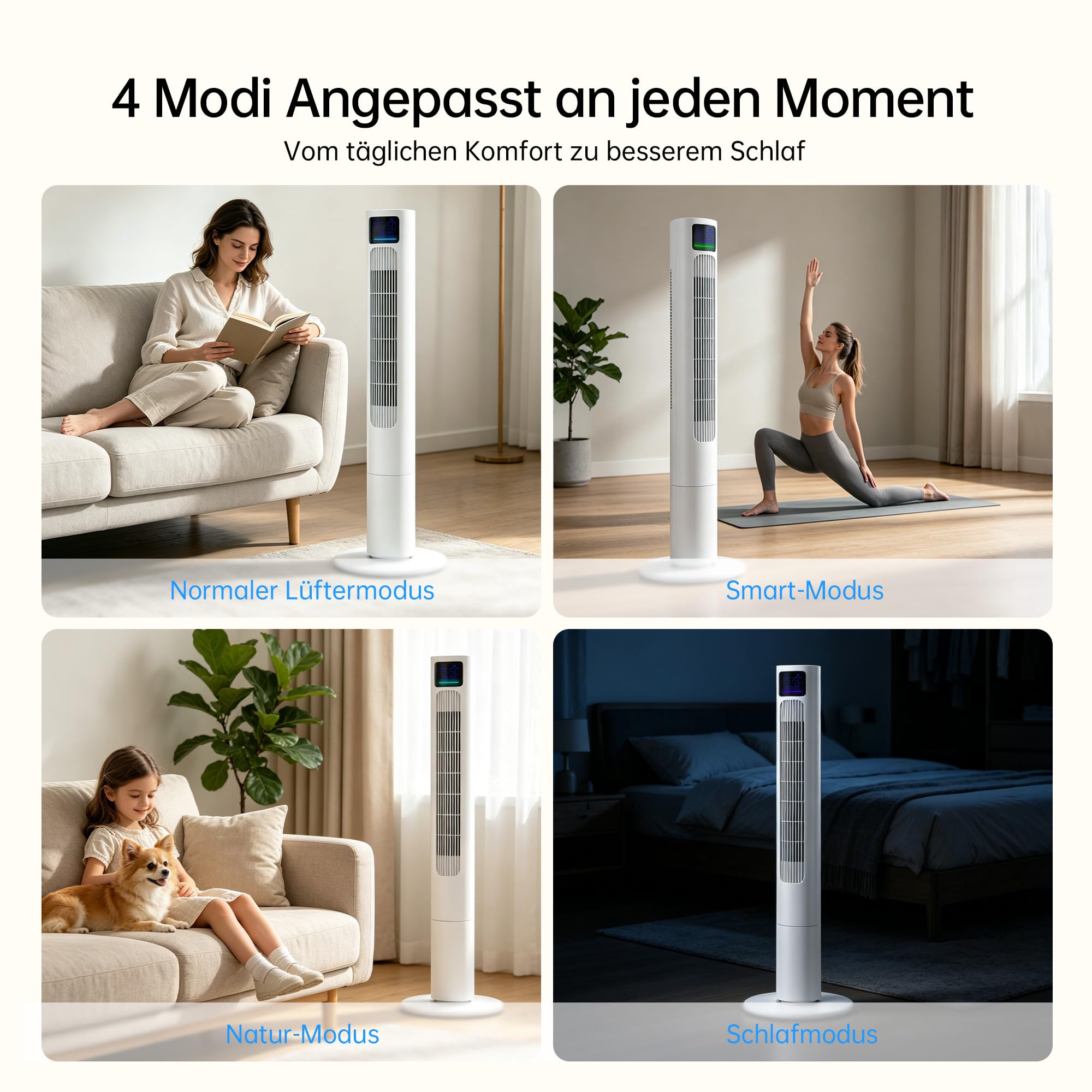 HEALLUX Turmventilator 115 cm, leiser Ventilator mit Fernbedienung, 10 m Wurfweite, 4 Geschwindigkeiten & 4 Modi, 90° oszillierend, 12h Timer, energiesparend, Tower Fan für Schlafzimmer, Weiß