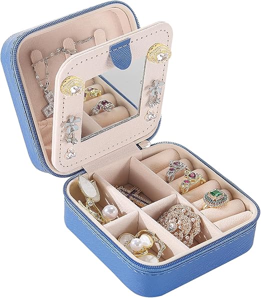 KElofoN Travel Jewelry Case with Mirror - Small Organizer Box for Girls & Women (Deep Blue)