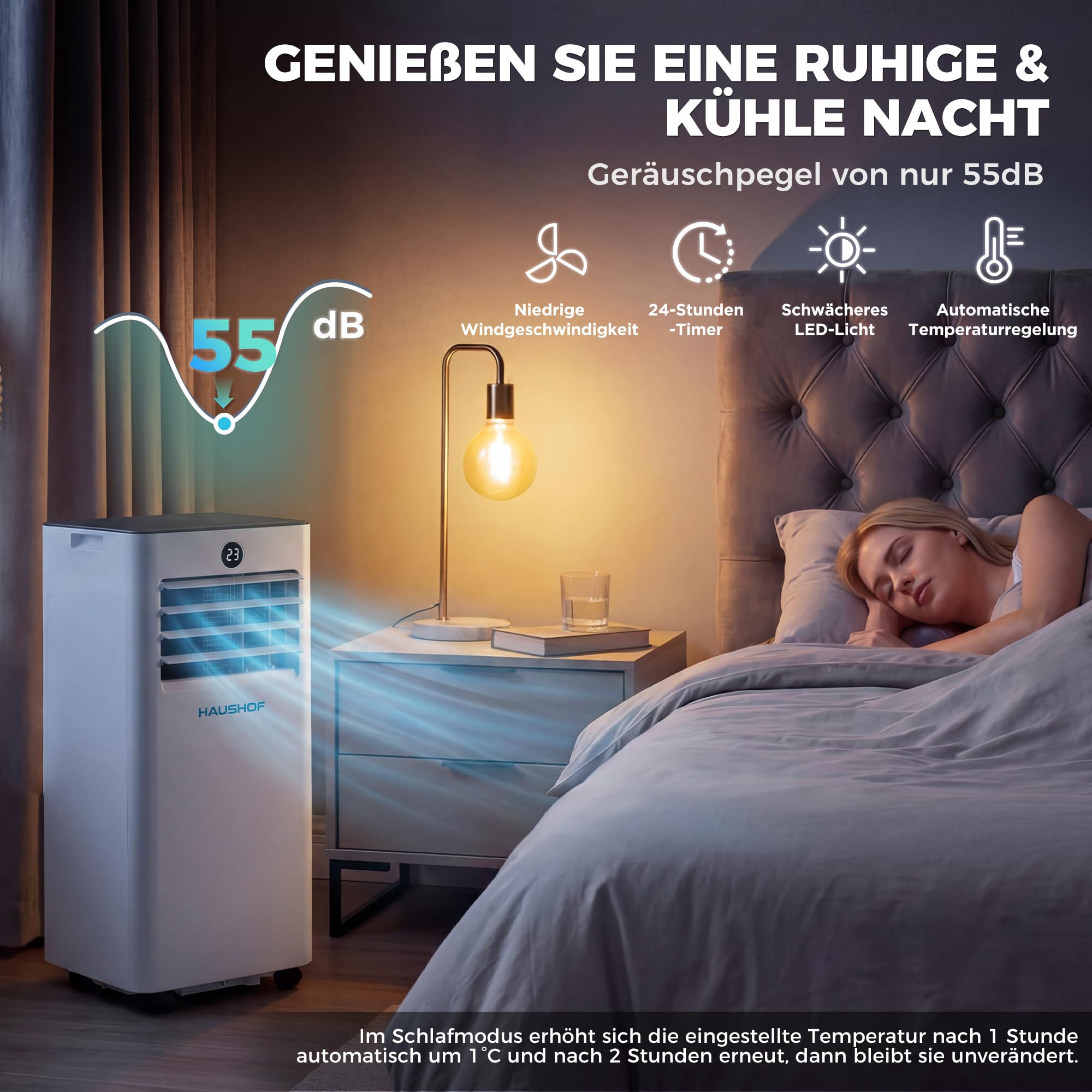 HAUSHOF Mobile Klimaanlage 9000 BTU, 4-in-1 Klimagerät mit Abluftschlauch & Isolierhülle, Kühlen/Entfeuchten/Ventilieren/Nachtmodus, 330 m³/h, mit Fensterdichtungsset, für Räume bis 30 m²