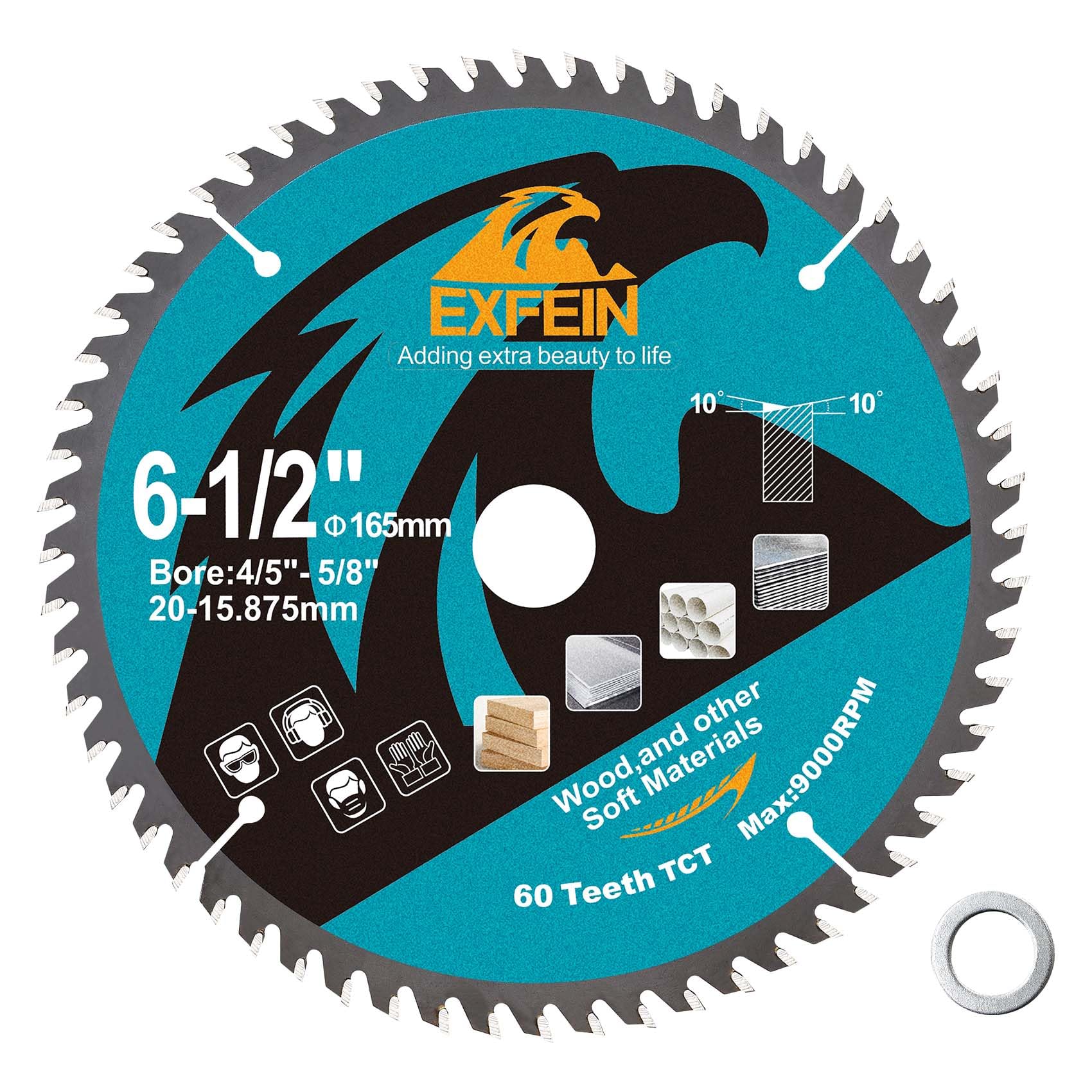 EXFEIN 165mm Wood Cutting Disc, 60 Teeth ATB TCT Fine Finish Disc with 20mm Bore for Wood Plastic