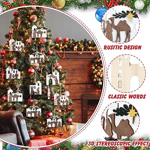 Miniatura 5 de Shellwei Juego de 24 adornos de madera para Navidad 2025, diseño de belén, juego de regalo a granel, partituras de música cristiana, pesebre,