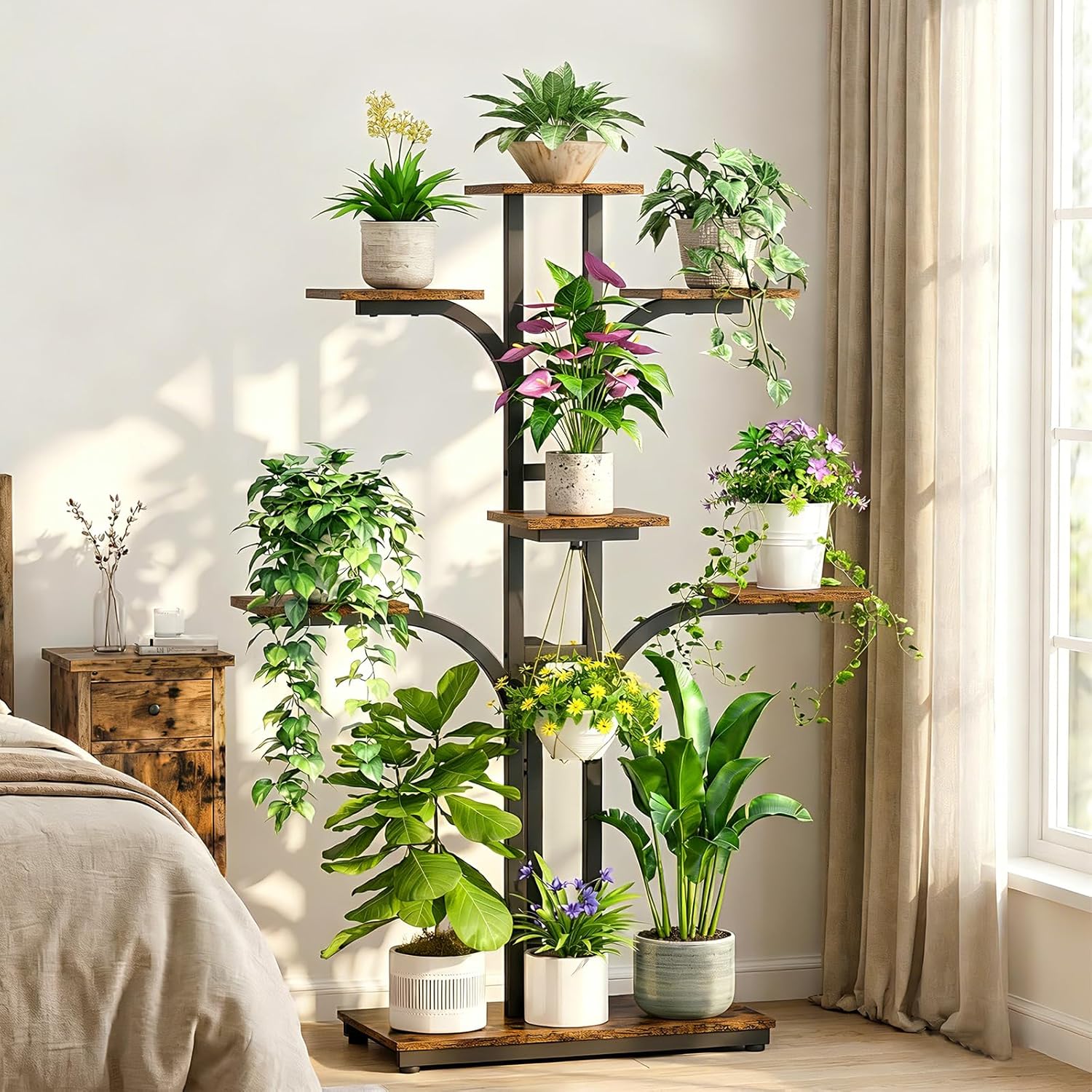 ikkle Plant Stand Indoor with 4 Grow Lights & 3 Colors, 54" Tall 7-Tier Corner Plant Shelf for Indoor Plants Multiple, Tree-Shaped Flower Display Holder with Large Bottom Shelf for Tall Plants, Home Decor
