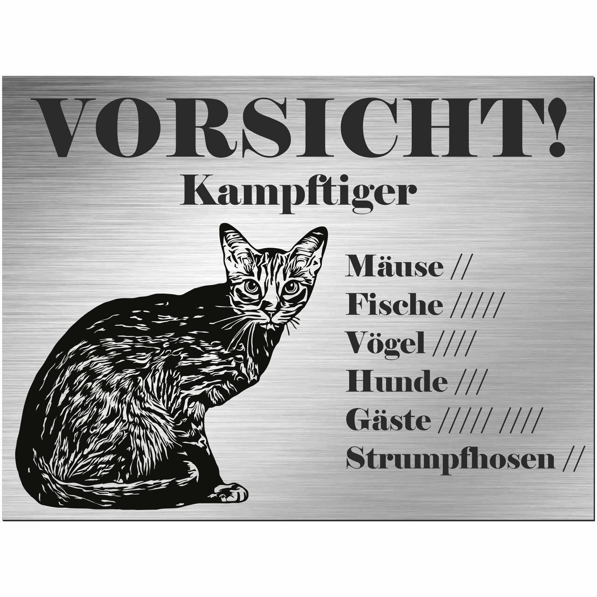 INDIGOS UG – Ocicat Cat – Cartello stampato – Vorsicht Kampftiger – Alu-Dibond in acciaio inox – 60 x 40 cm – Scritta – Idea regalo decorativa gatto – recinzione – targa per porta