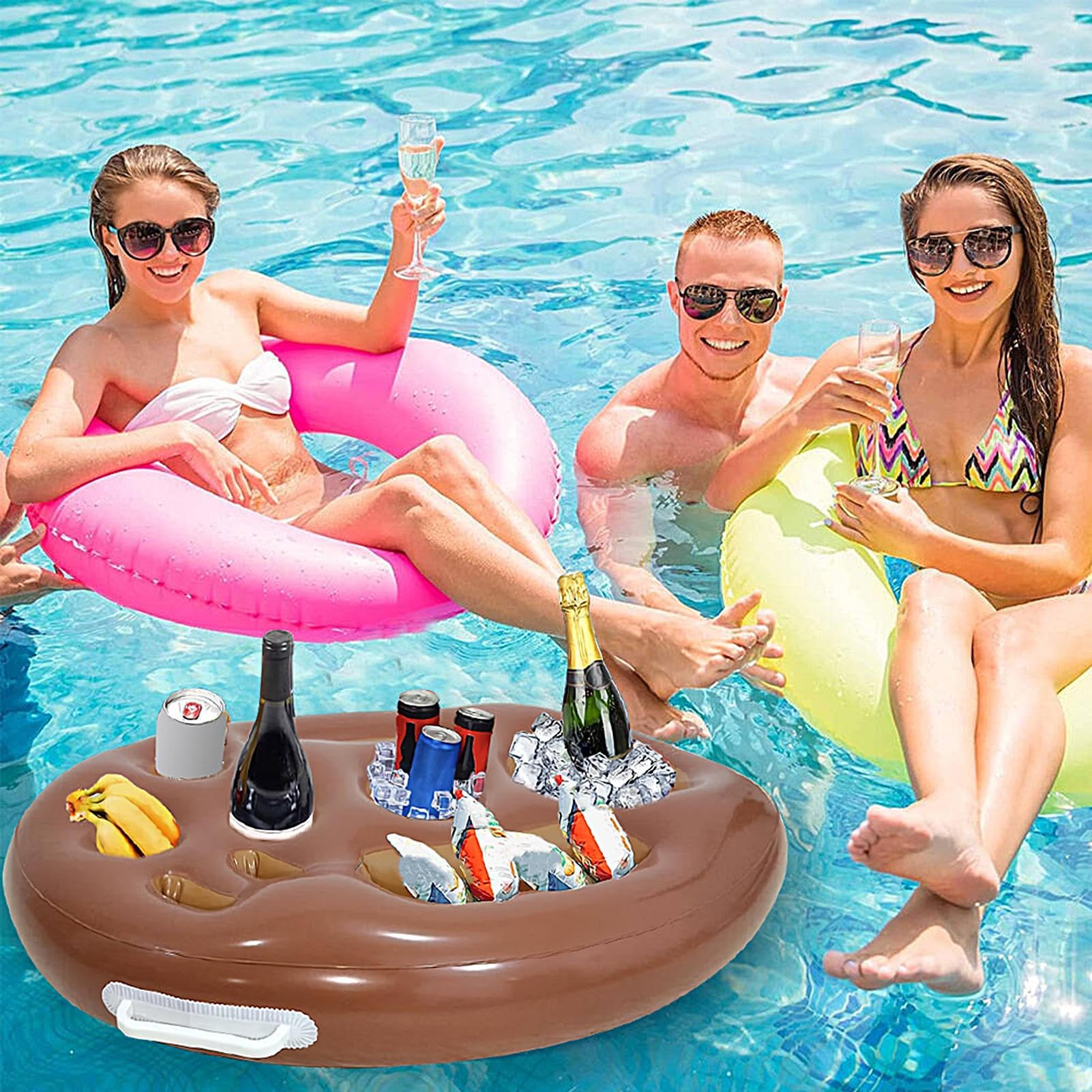 Porta bevande per piscina, vassoio galleggiante a 9 fori, organizer pieghevole per bevande, in PVC, include pompa manuale, per terrazza, spiaggia, compleanno in famiglia, nuoto, picnic, vasca