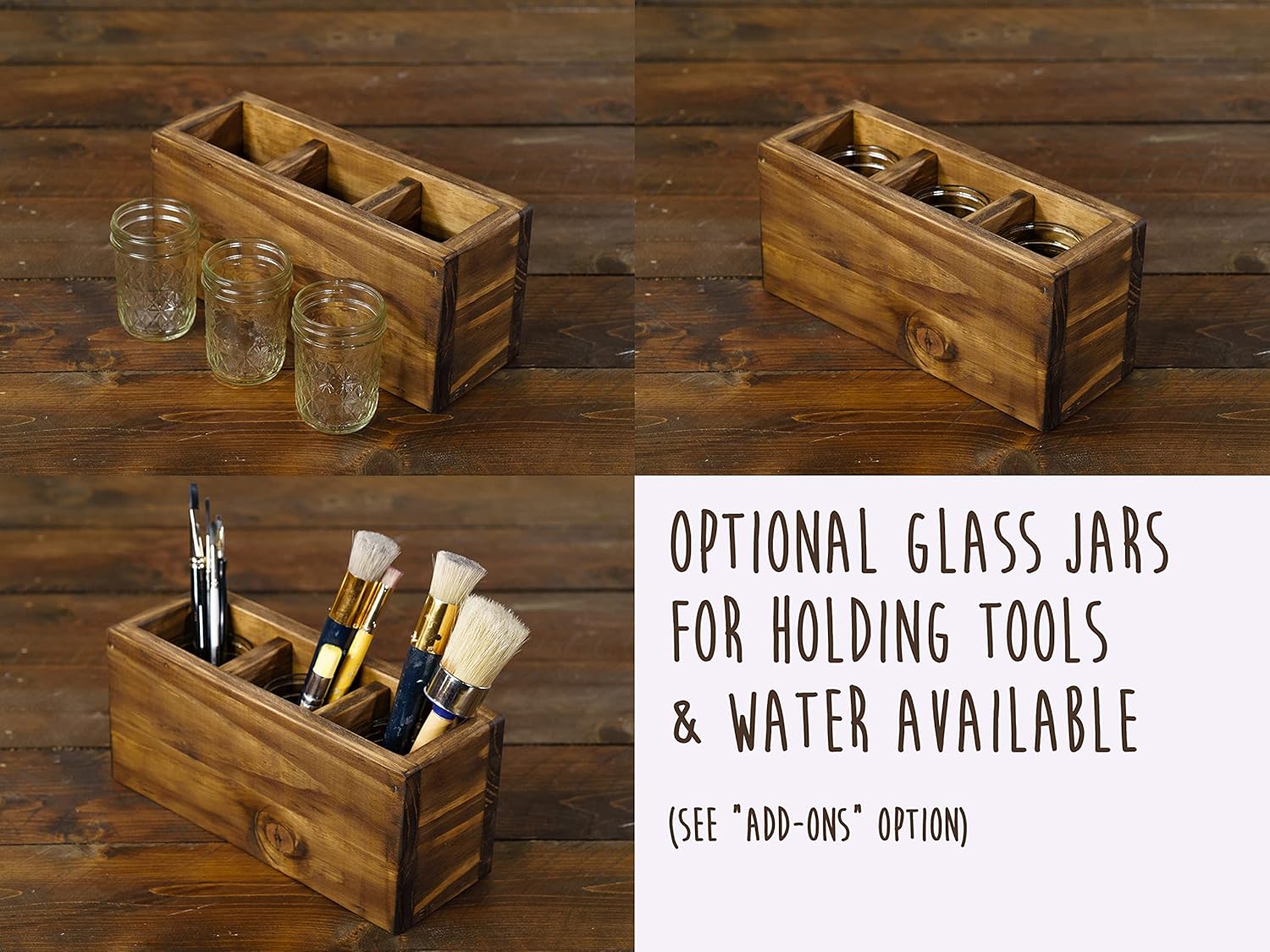 Handmade Art Caddy/Art Supply 3 Compartment Storage Box with Glass Jars/Cups for Paint Brushes, Markers, Pens, Pencils, or Watercolor Paint Water