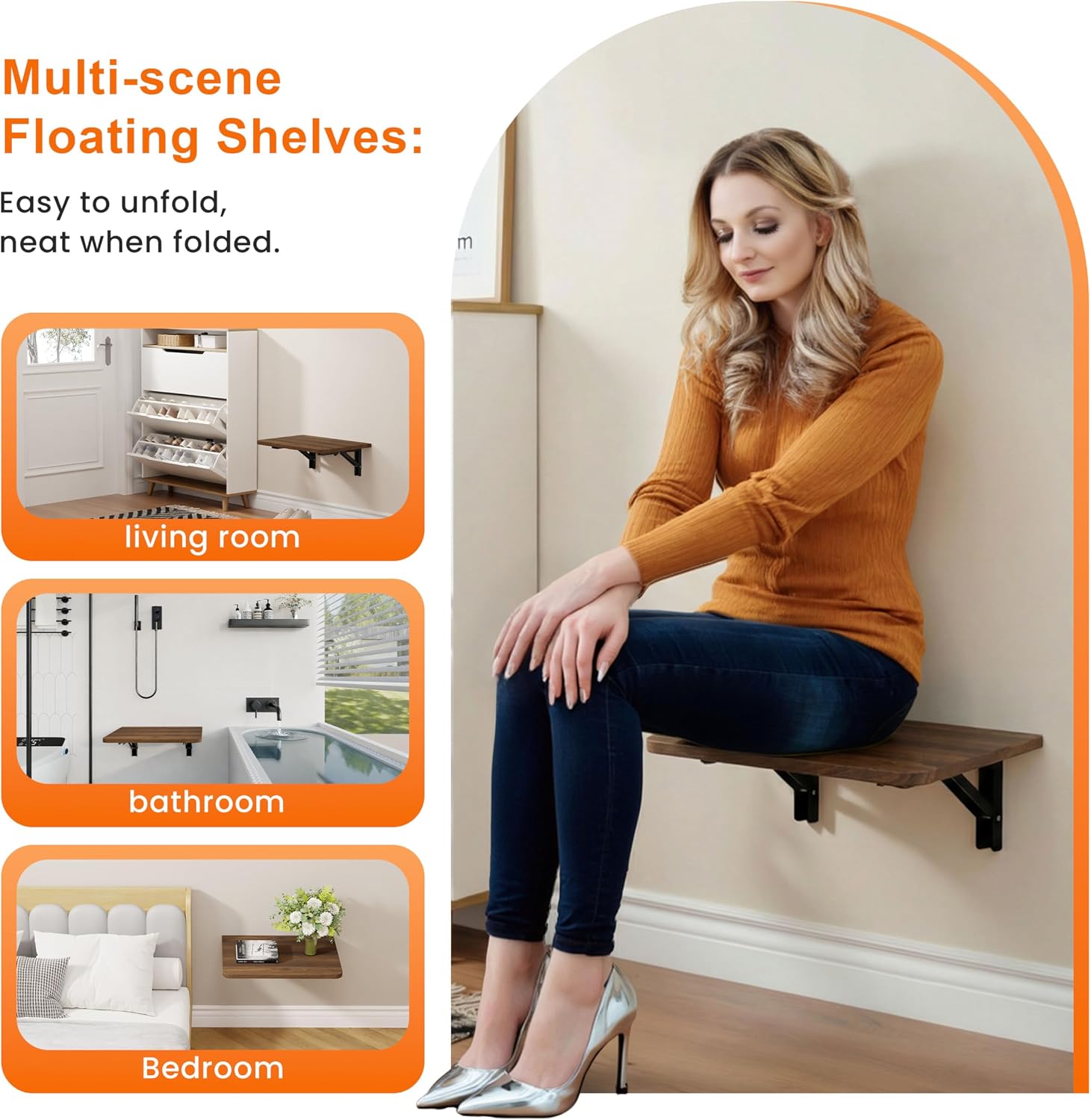 Foldable Walnut Floating Wall Shelves 16 inch, Bathroom Shelves Wall Mounted,12" Deep Wood Floating Kitchen shelves,Easy to Install Wooden Wall Shelving with Brackets for Bedroom, Living Room, Office