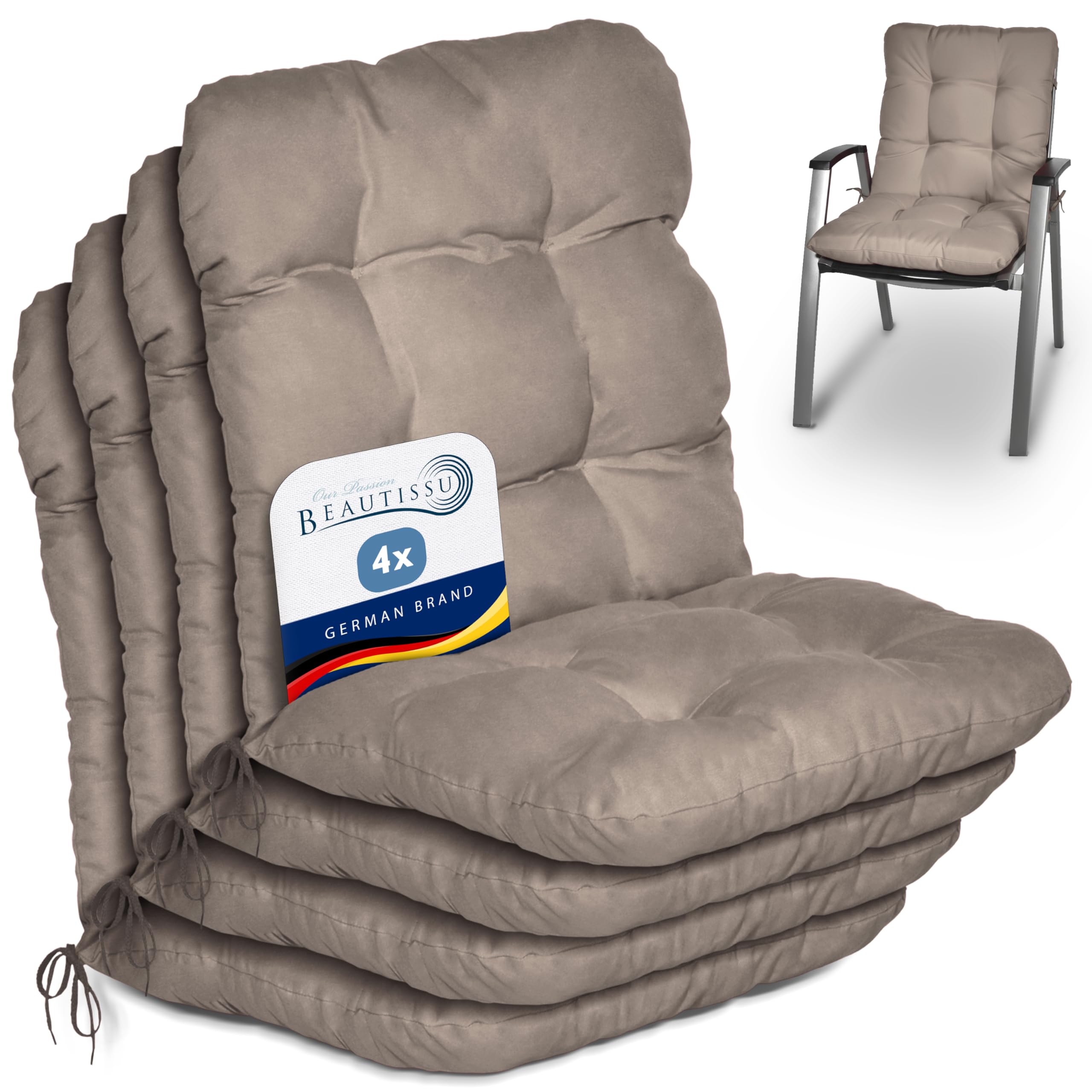 Beautissu Set of 4 Lowback Garden Chair Cushions with Backs for Recliner