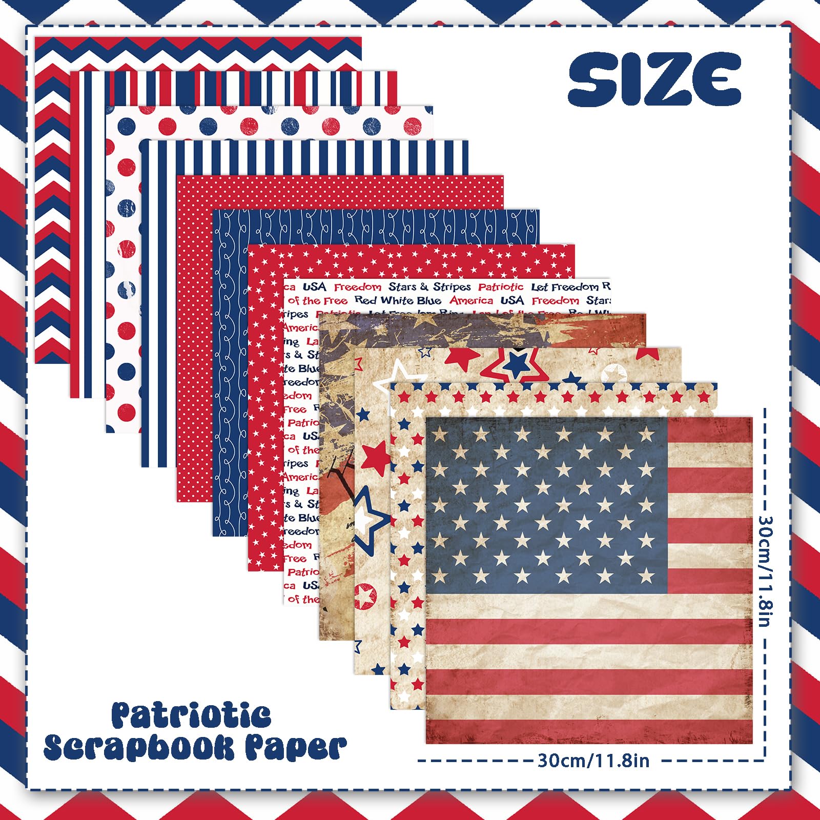 Lot de 24 feuilles de papier pour scrapbooking patriotique, 30,5 x 30,5 cm, motifs rouge/blanc/bleu (rétro, 30,5 x 30,5 cm)