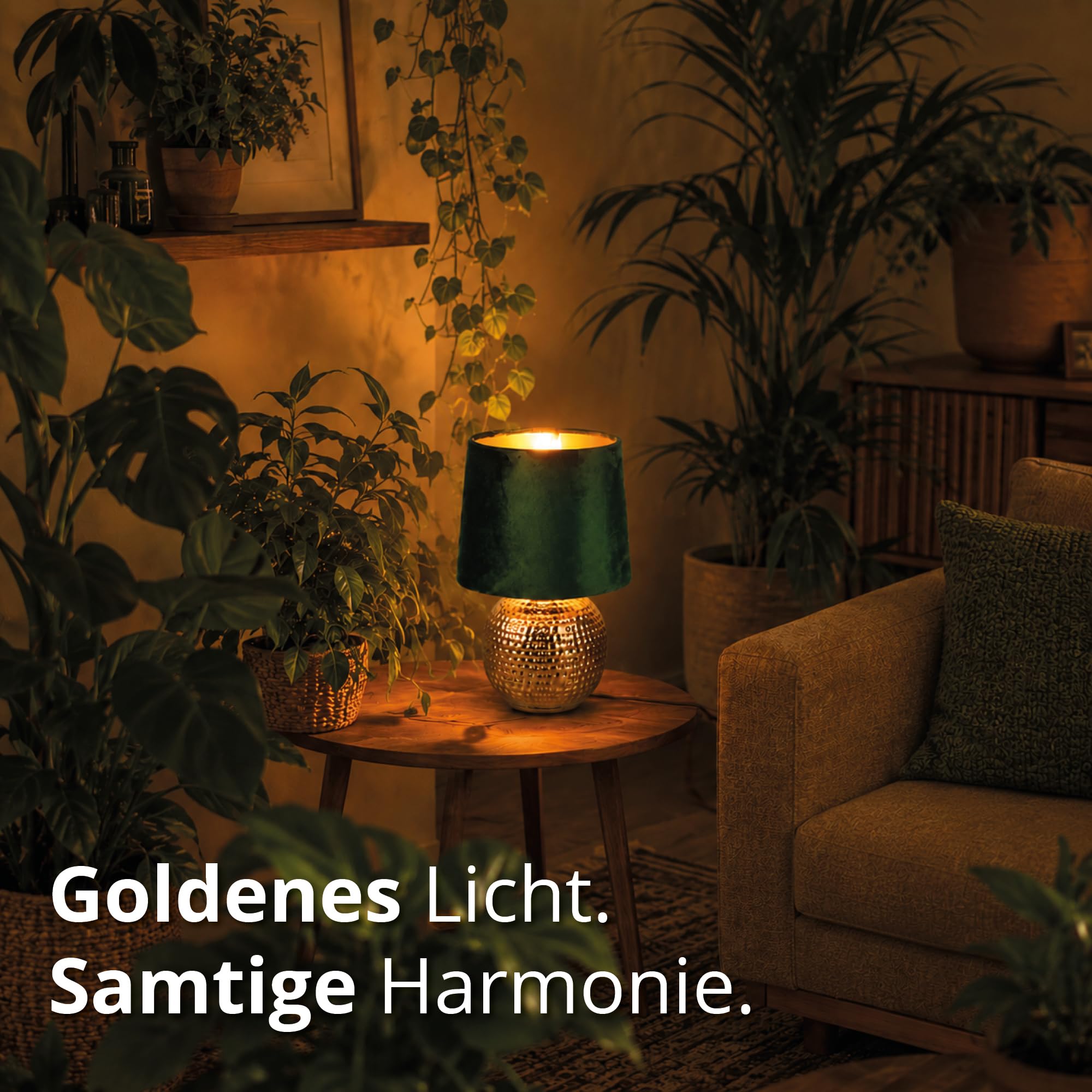 Reality Leuchten Tischleuchte Sophia R50821015, Keramik goldfarbig, Schrim Samt gürn, exkl. 1x E14, 16 cm
