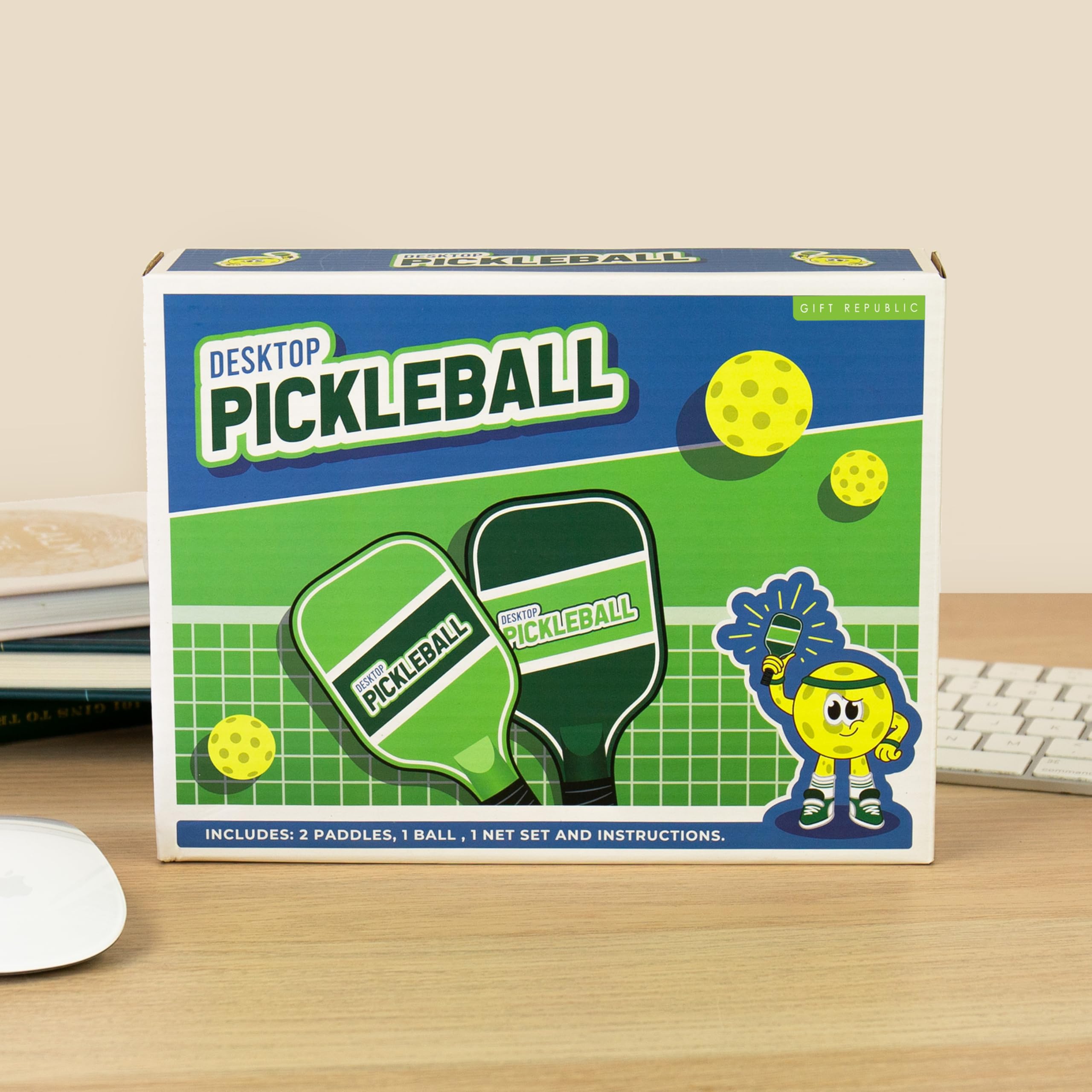 Gift Republic Juego de Pickleball de Escritorio – Mini cancha de Pickleball de Mesa con 2 Palas, 1 Bola y Red – Divertido Juego de Mesa portátil para niños y Adultos, Idea para el hogar u Oficina