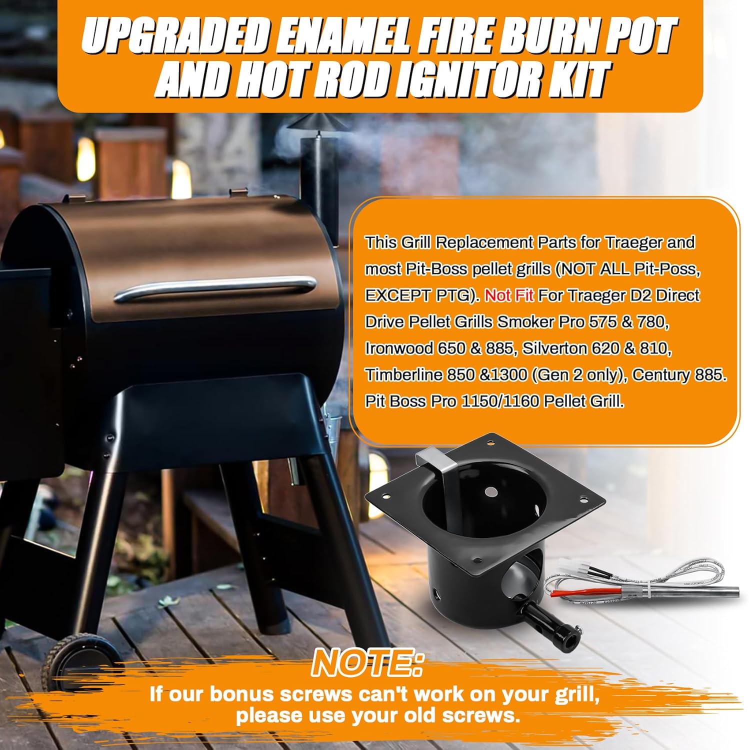 Enamel Fire Burn Pot and Hot Rod Ignitor Kit Replacement Parts for Pit Boss, Traeger, Camp Chef Pellet Grill Smokers, Igniter and Durable Enamel Fire Burner Pot with Ash Remover, Screws and Fuse